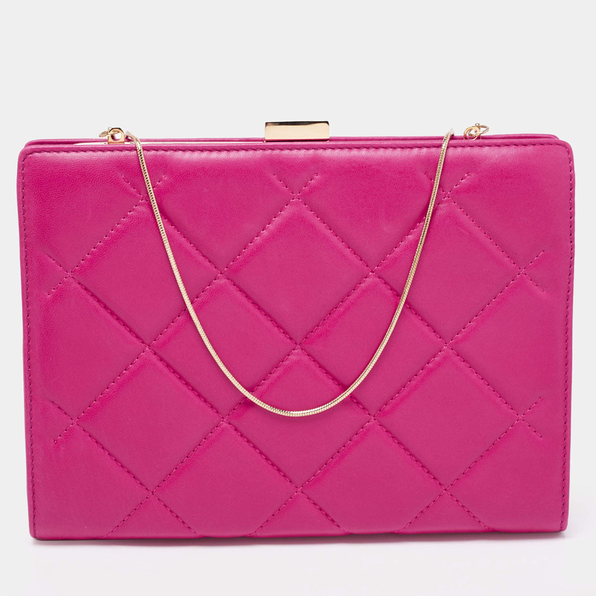 Pre Owned CH Carolina Herrera Magenta Quilted Leather Frame Chain Clutch