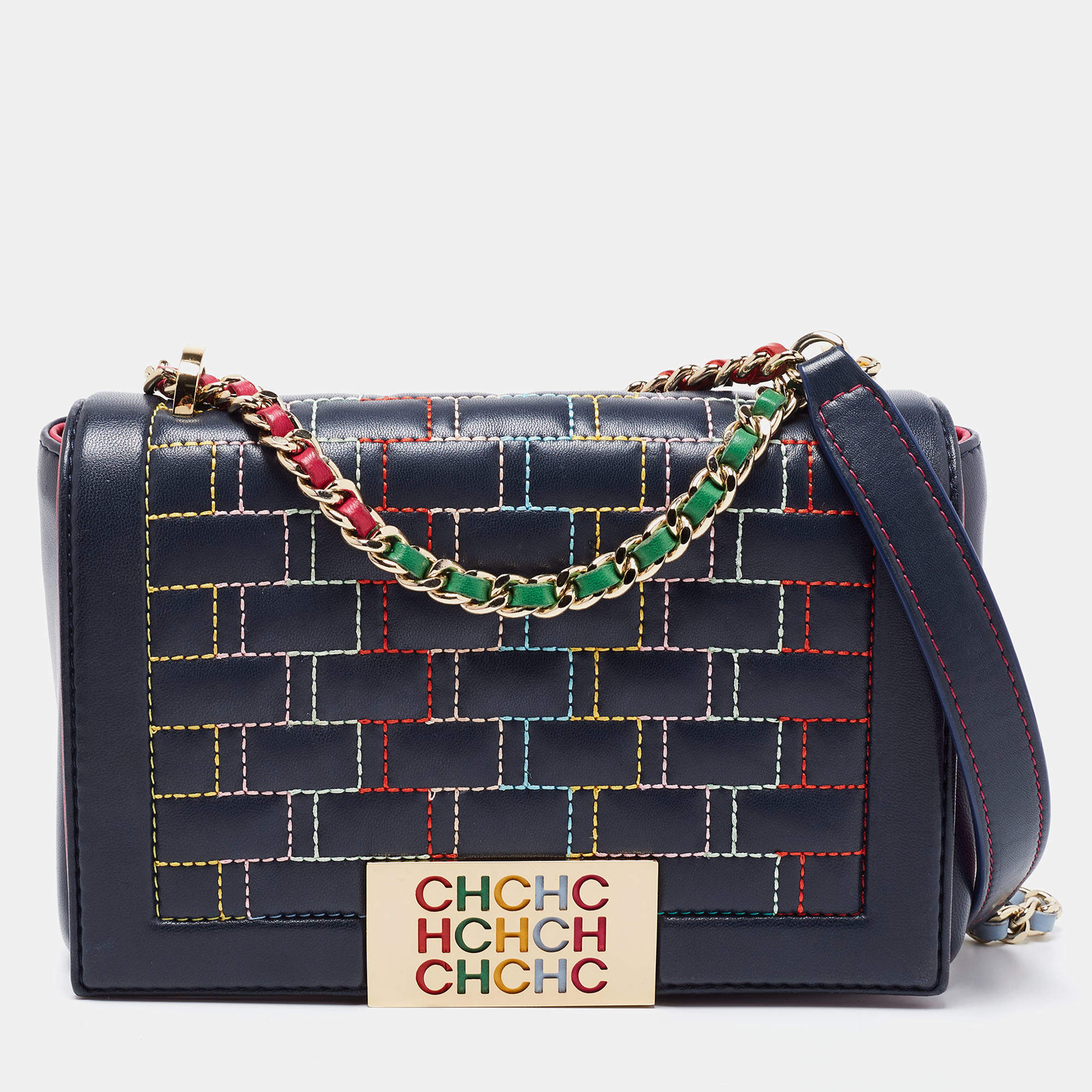 Pre Owned حقيبة كتف سي أتش كارولينا هيريرا جلد زرقاء مبطنة بقلاب