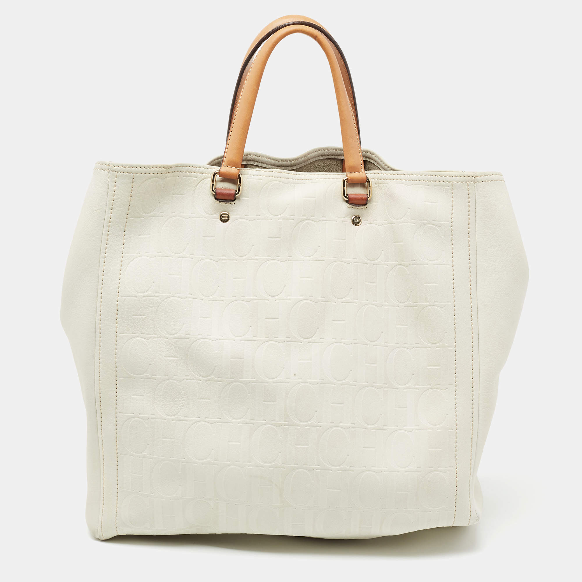 Pre Owned حقيبة يد توتس سي أتش كارولينا هيريرا اندي جلد منقوش مونوغرامي أوف وايت 