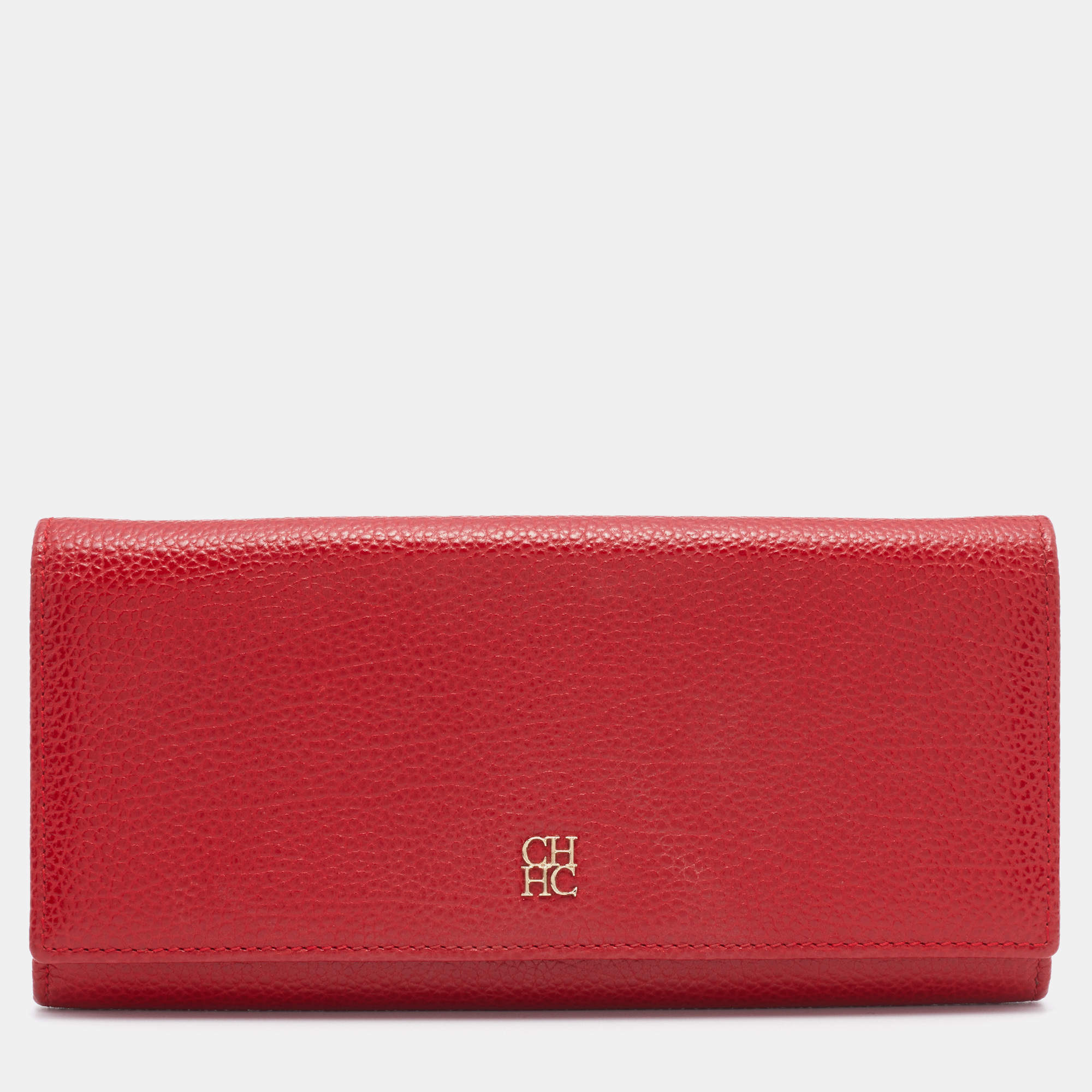 Pre Owned CH Carolina Herrera Red Leather Flap Continental Wallet