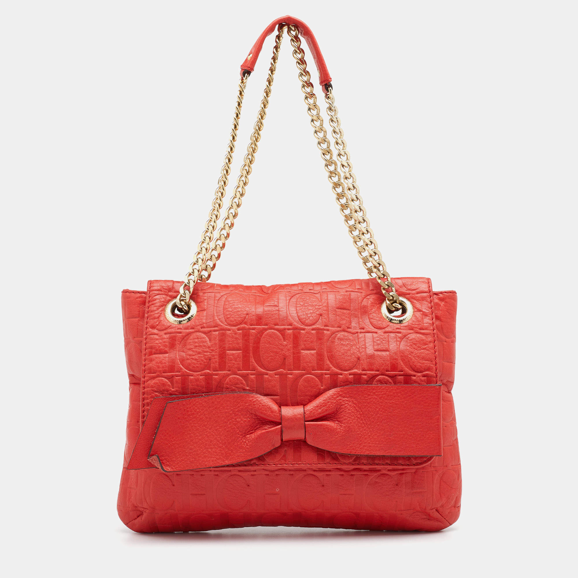 CH Carolina Herrera Red Monogram Leather Audrey Shoulder Bag