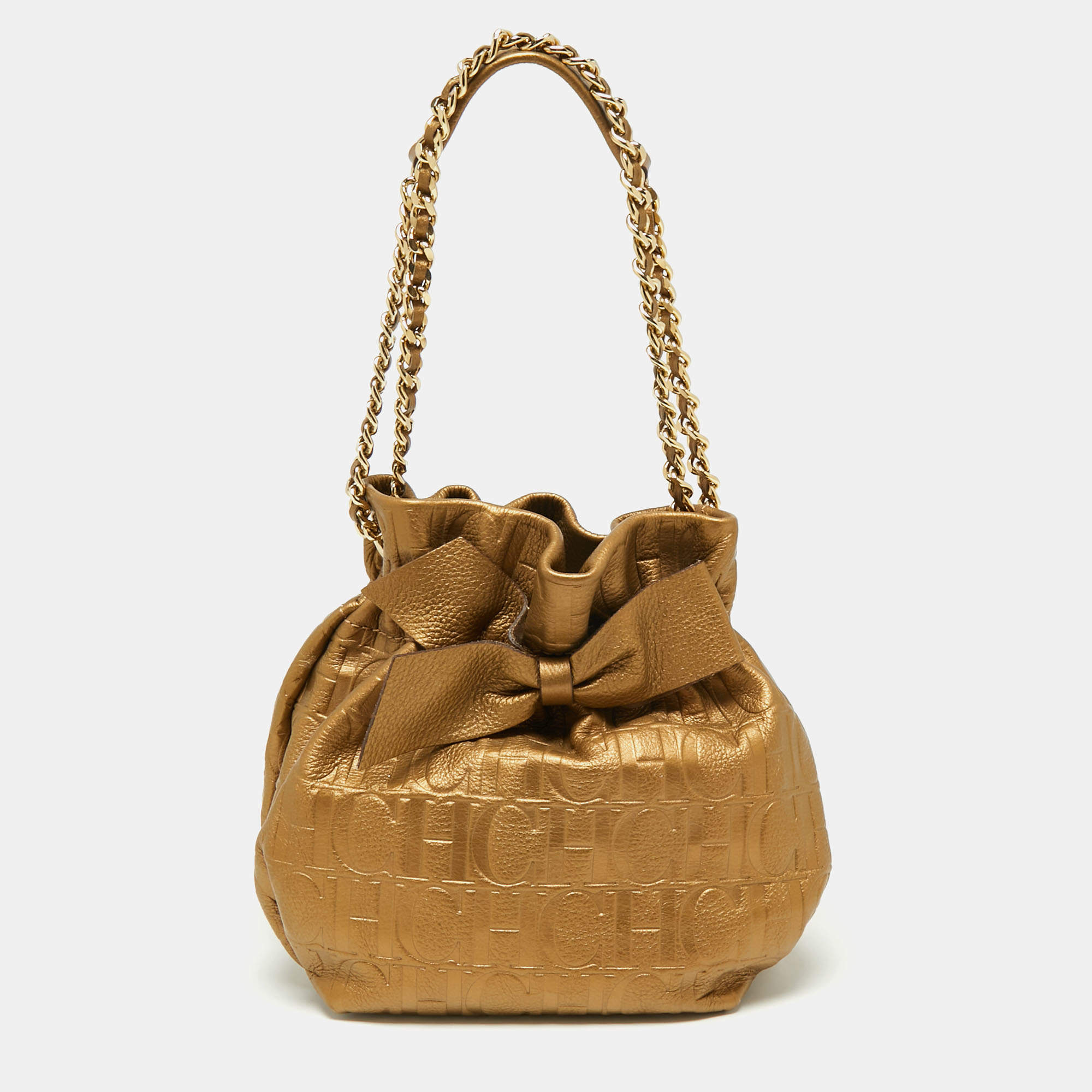 Pre Owned CH Carolina Herrera Metallic Gold Embossed Leather Bow Bucket Bag