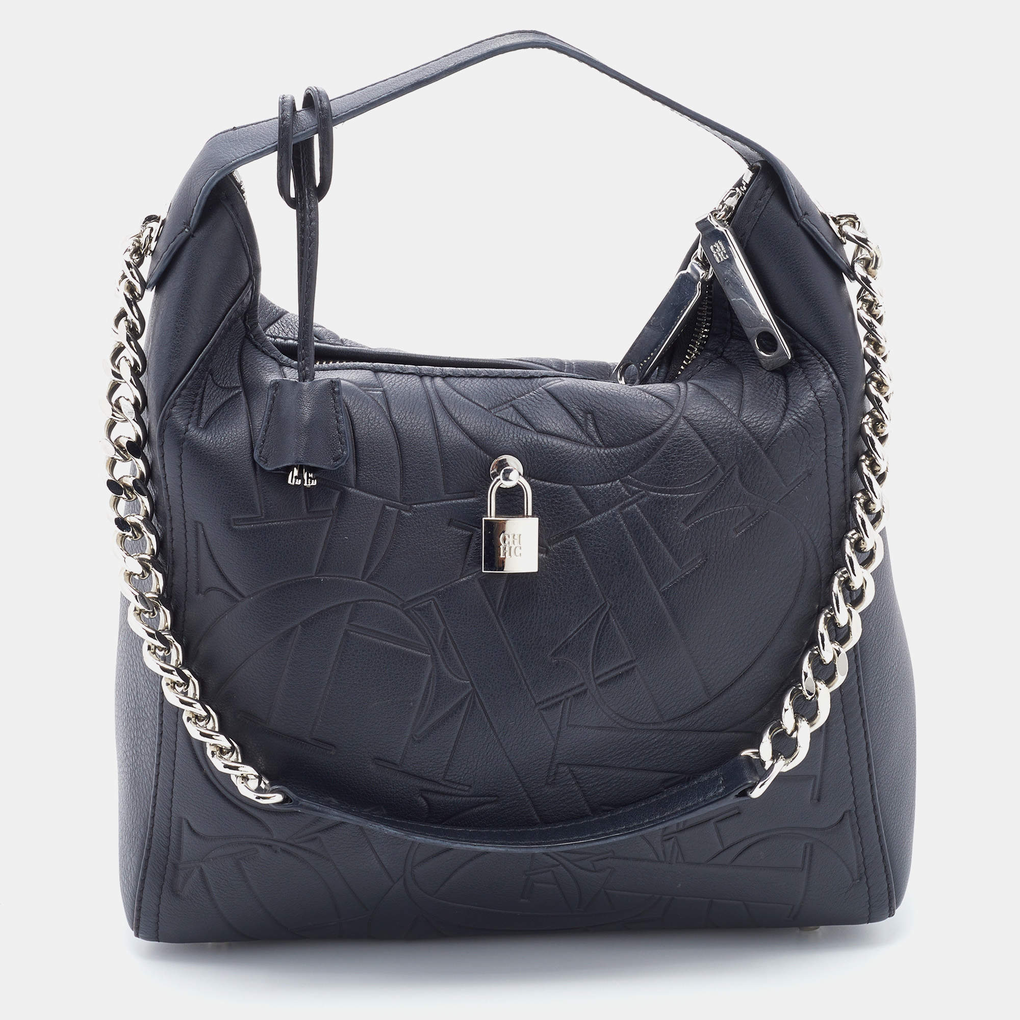 Pre Owned CH Carolina Herrera Black Monogram Leather Hobo