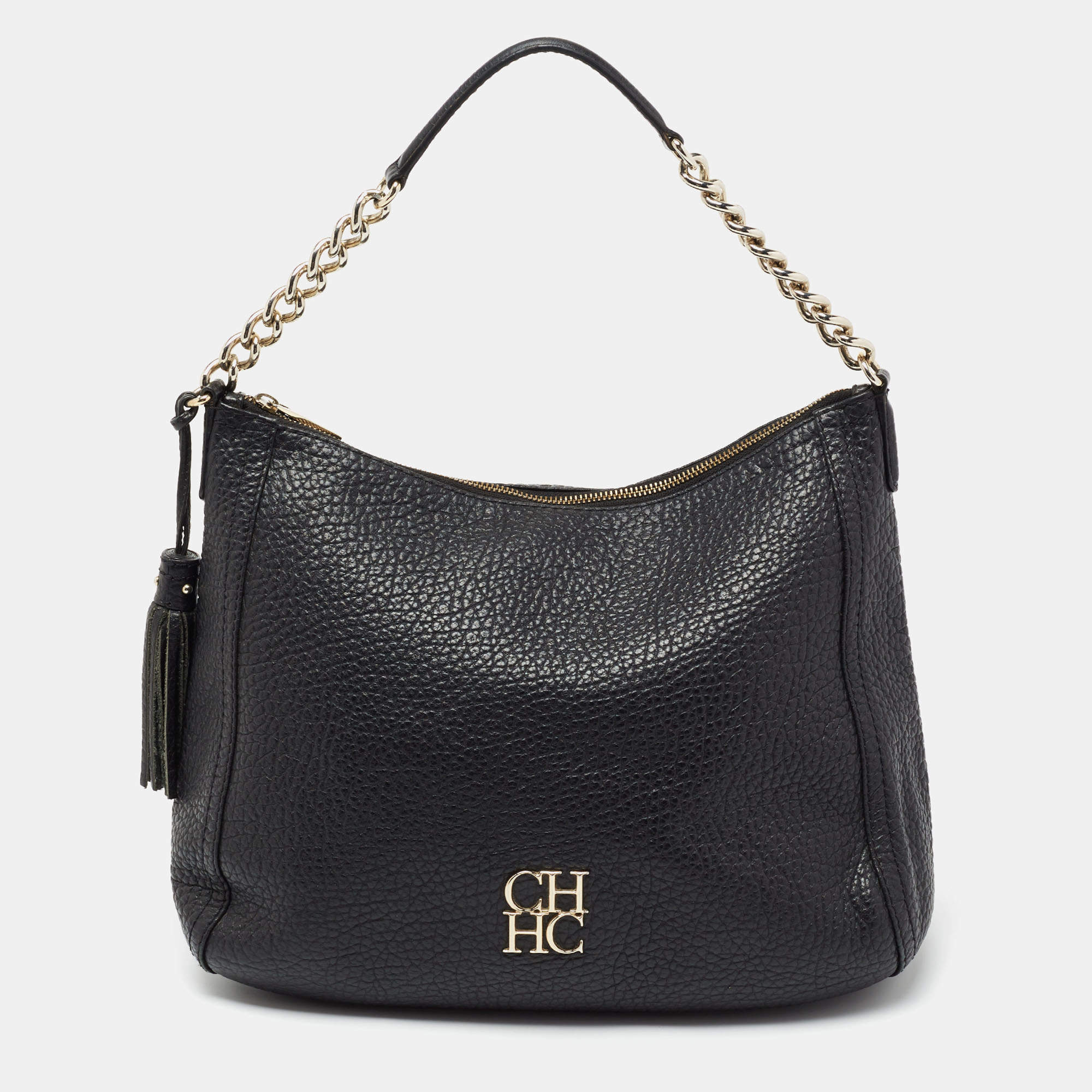 Pre Owned CH Carolina Herrera Black Leather Chain Tassel Hobo