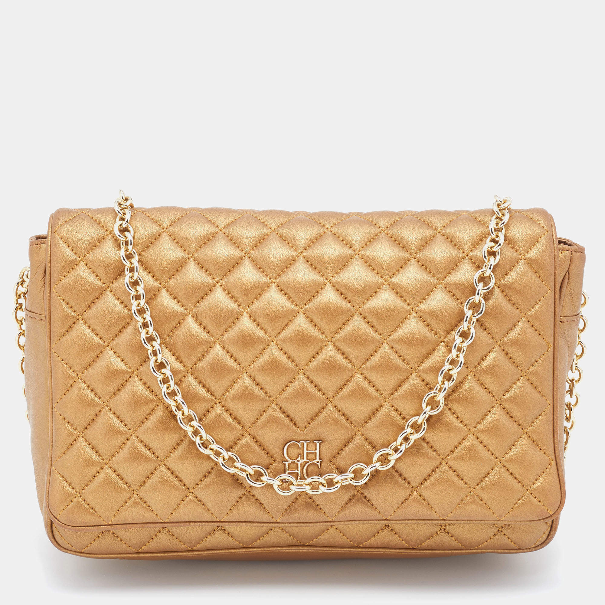 Pre Owned CH Carolina Herrera Metallic Gold Quilted Leather Flap Chain Shoulder Bag