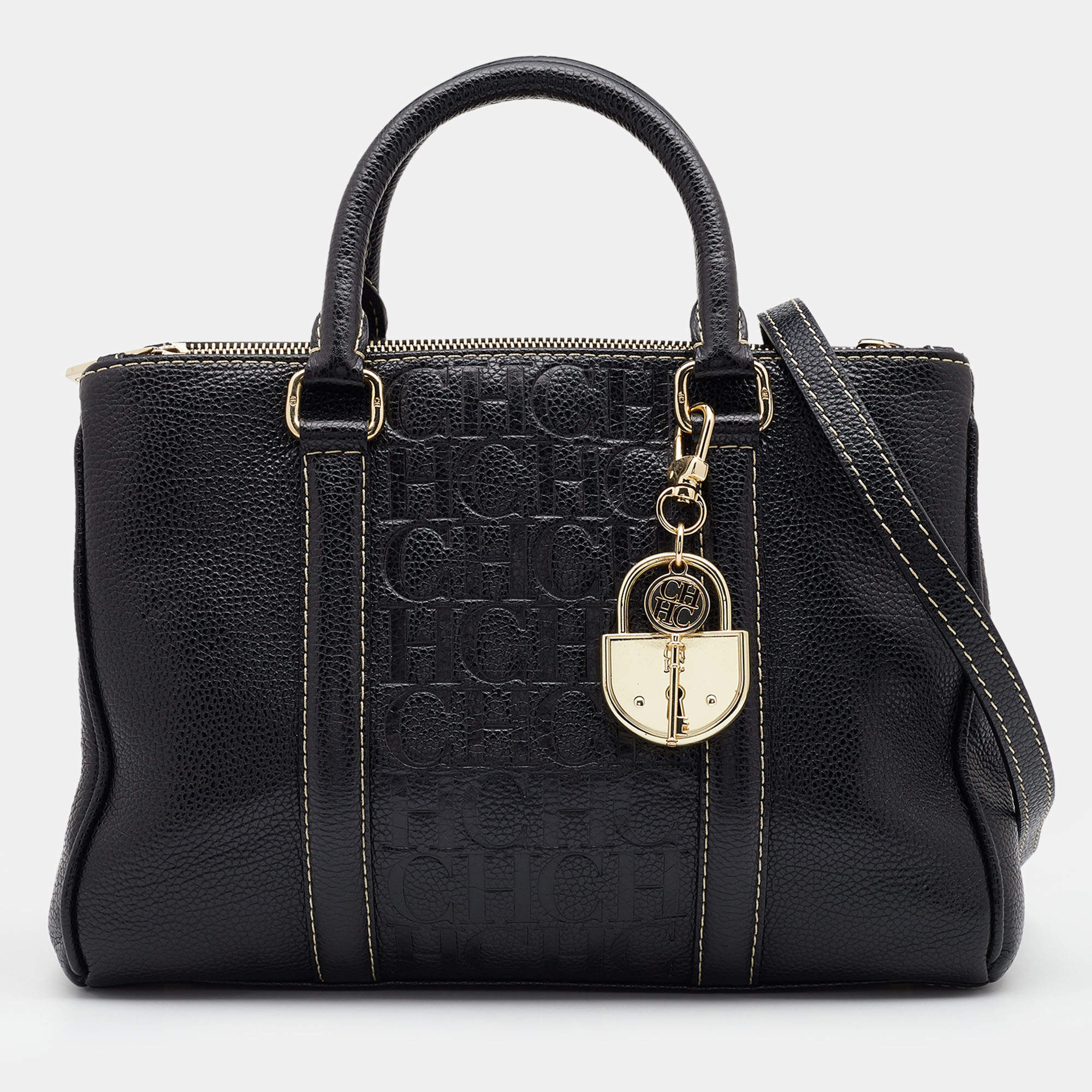 CH Carolina Herrera Black Monogram Embossed Leather Matteo Tote CH ...