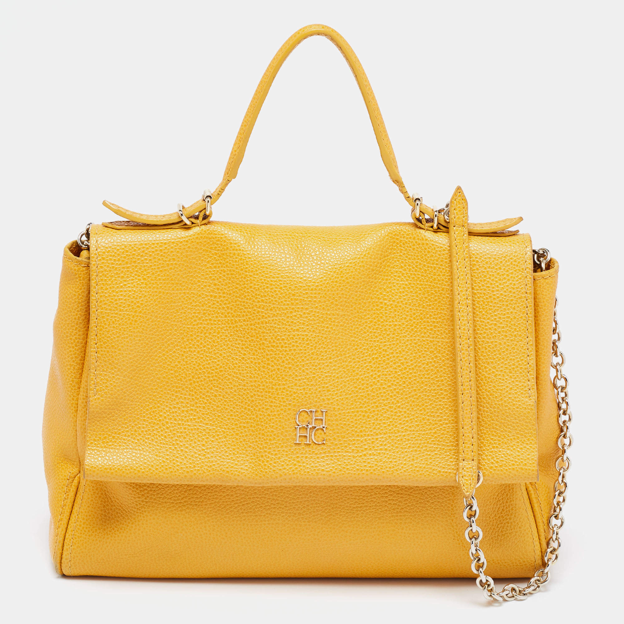 Pre Owned CH Carolina Herrera Yellow Leather Minuetto Flap Top Handle Bag