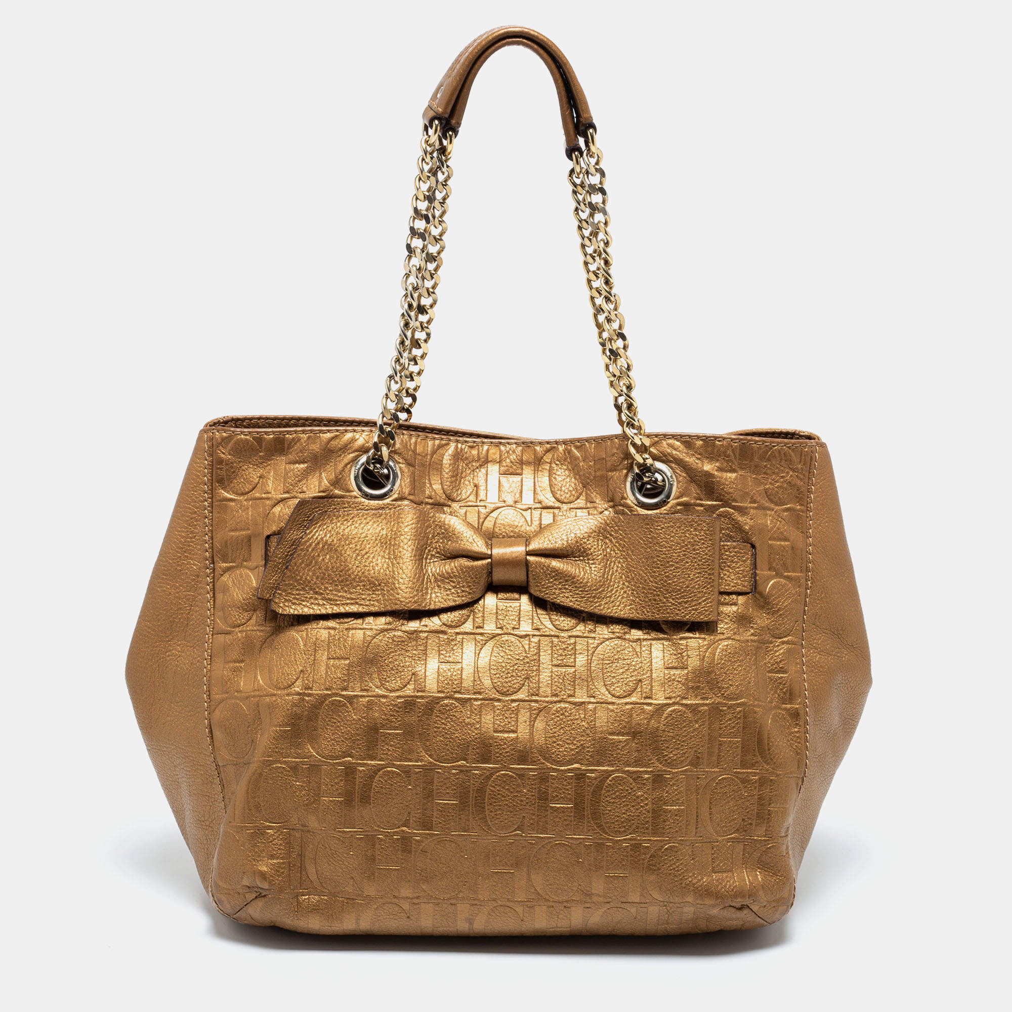 Pre Owned CH Carolina Herrera Gold Monogram Embossed Leather Audrey Tote