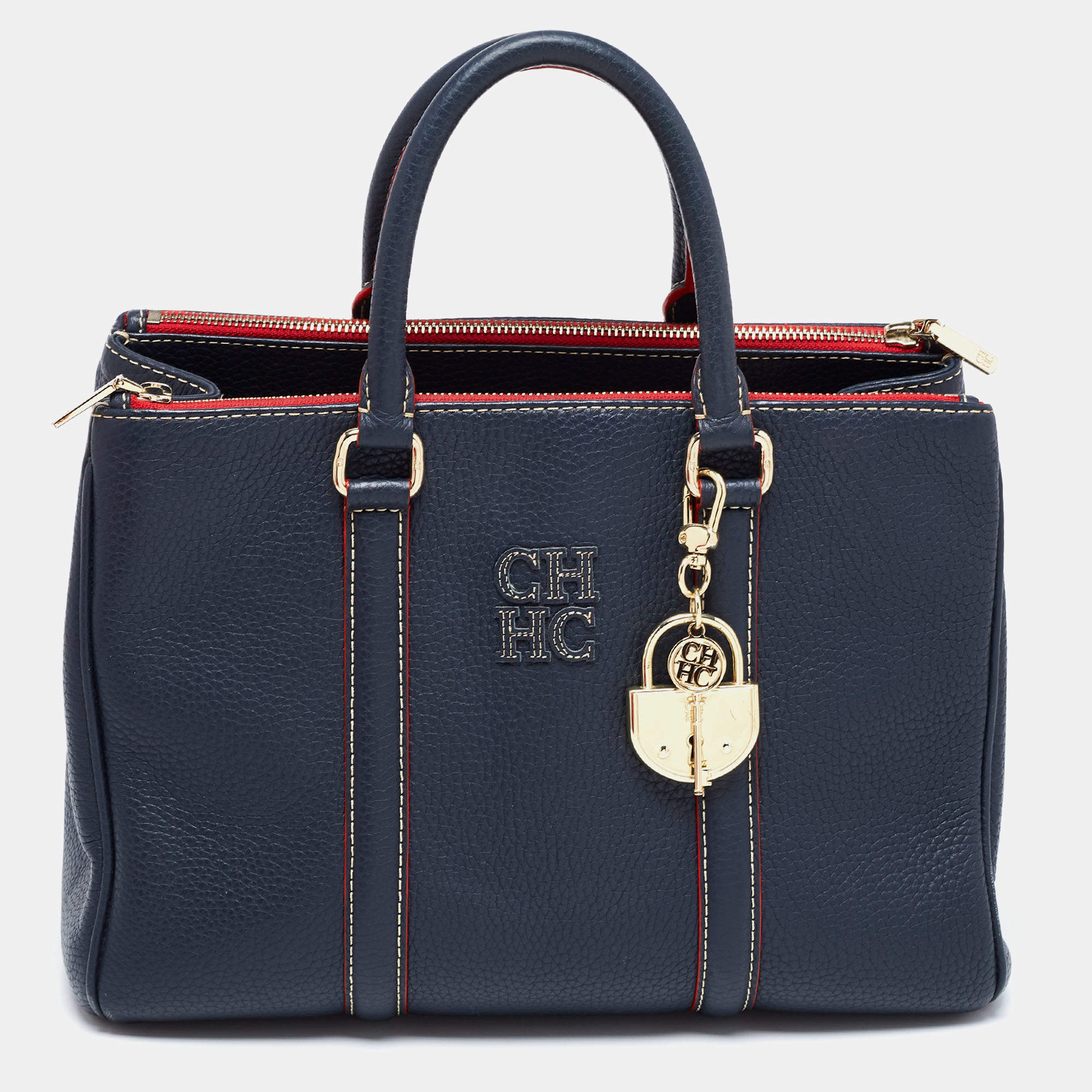 Pre Owned CH Carolina Herrera Navy Blue Leather Matteo Tote