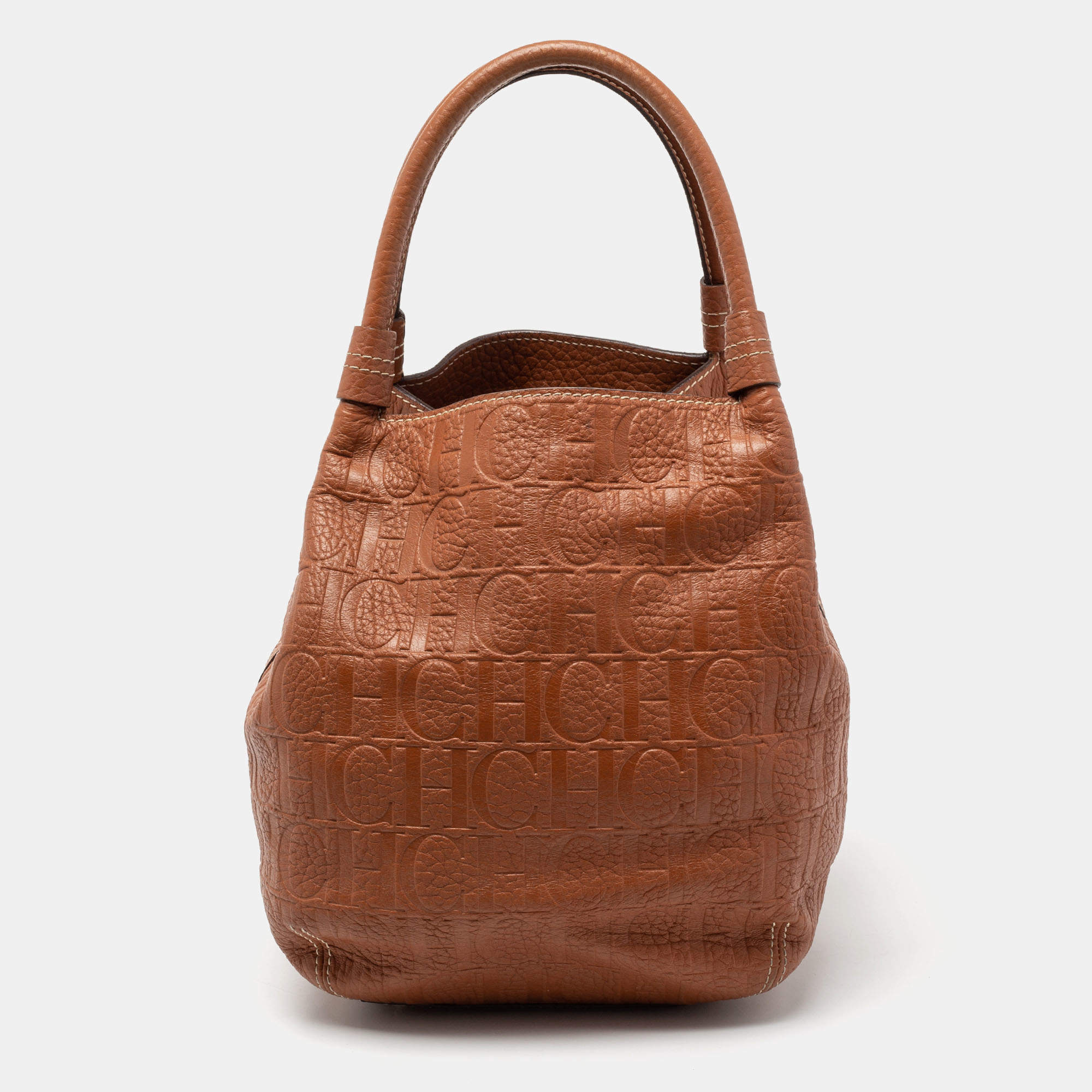 Pre Owned CH Carolina Herrera Brown Monogram Embossed Leather Matryoshka Tote