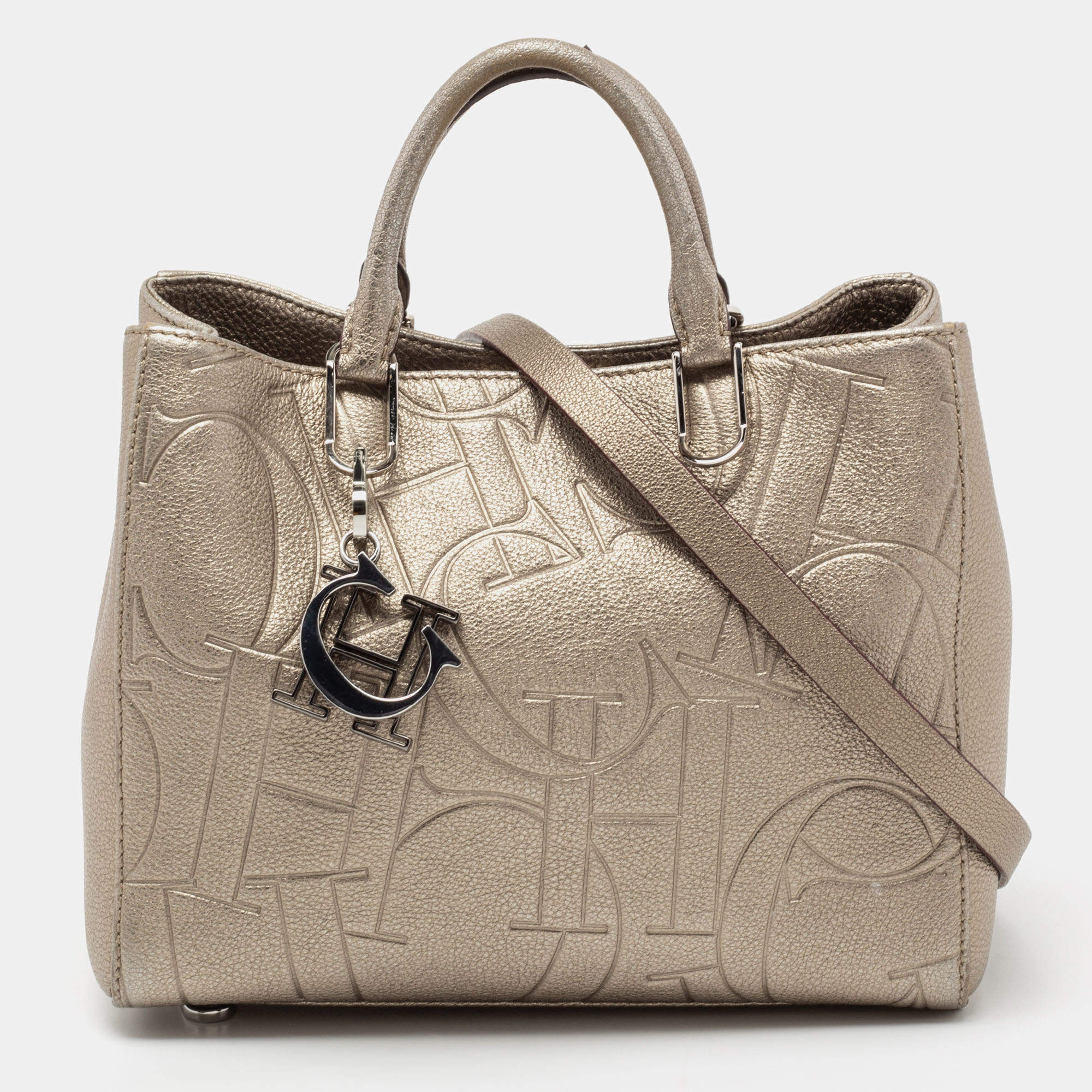 Pre Owned CH Carolina Herrera Metallic Embossed Leather Charm Tote