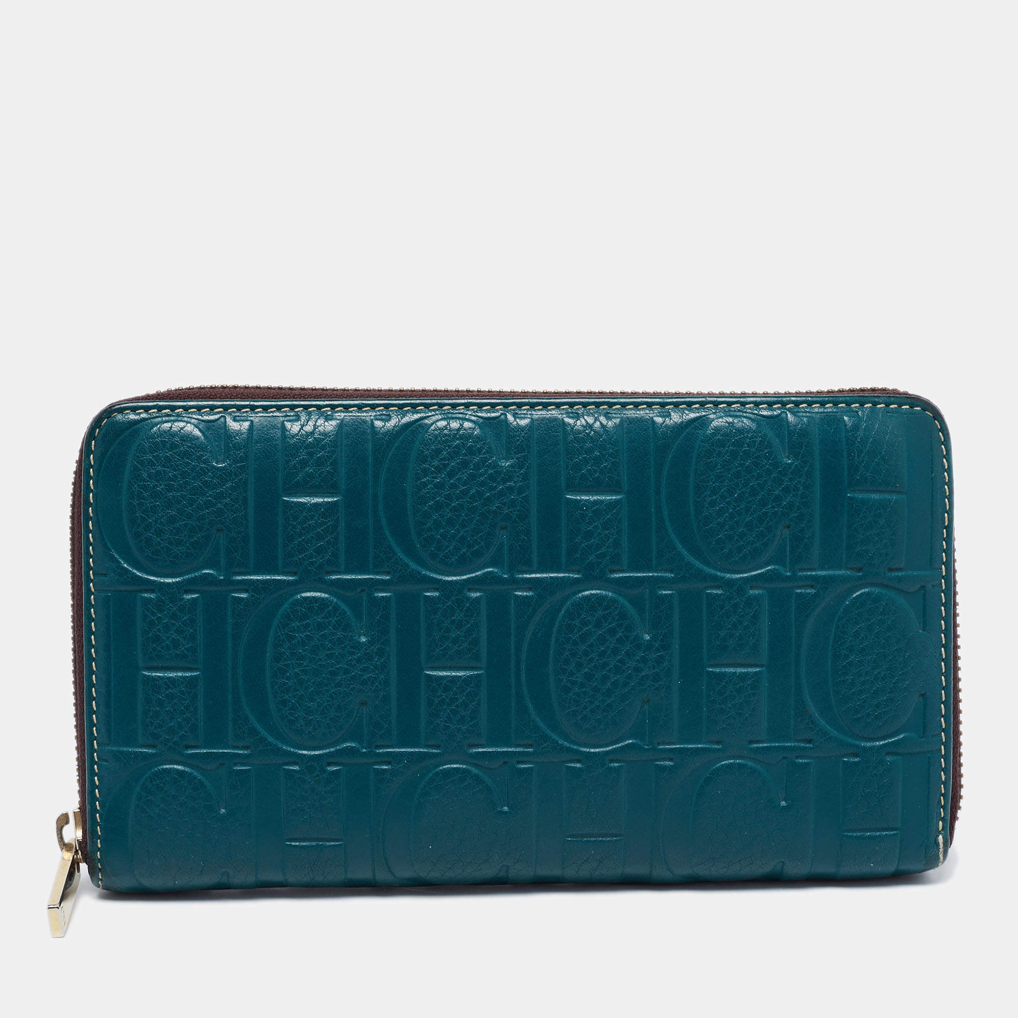 Carolina Herrera Blue Monogram Embossed Leather Zip Around Wallet