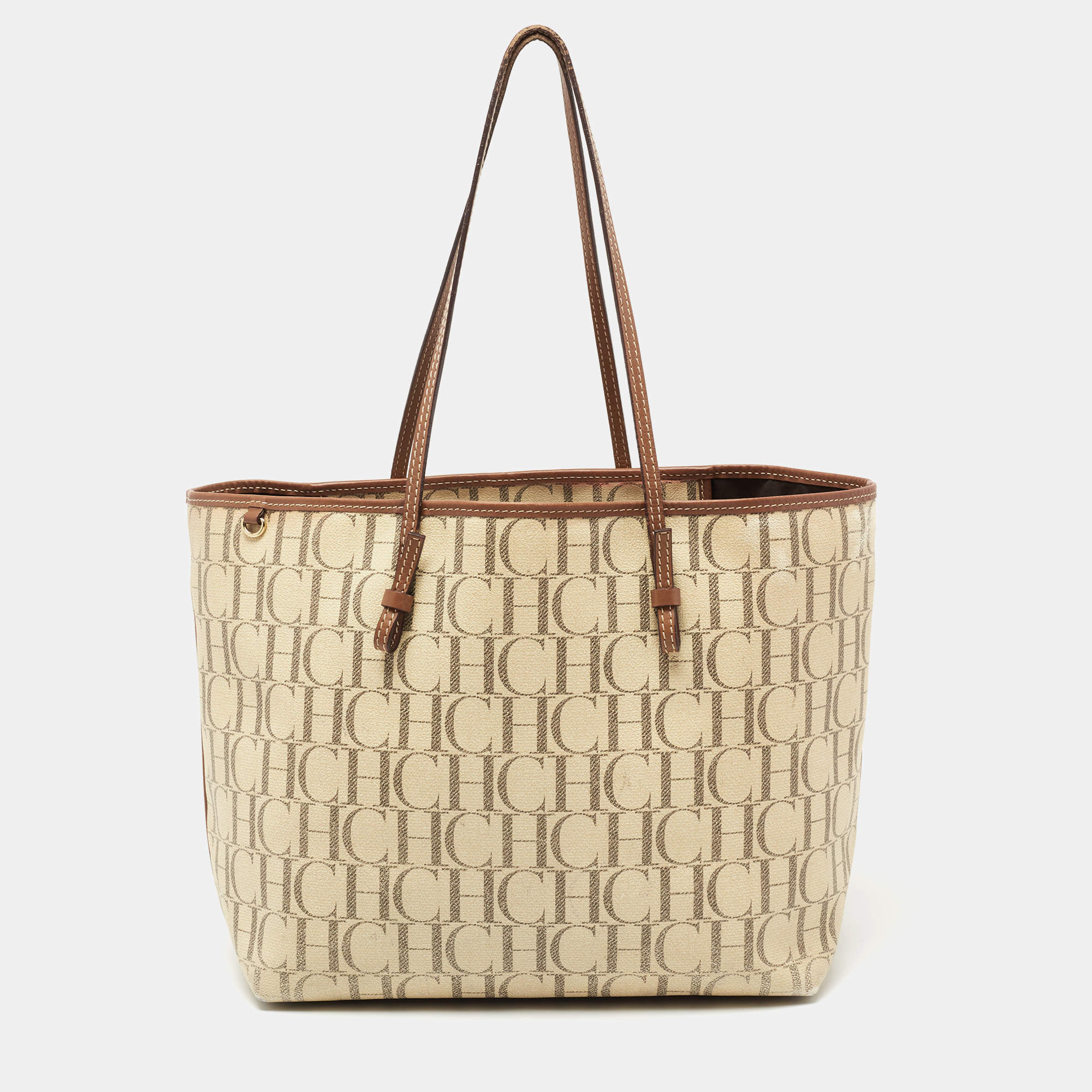 CH Carolina Herrera Cream Coated Canvas Logo Tote