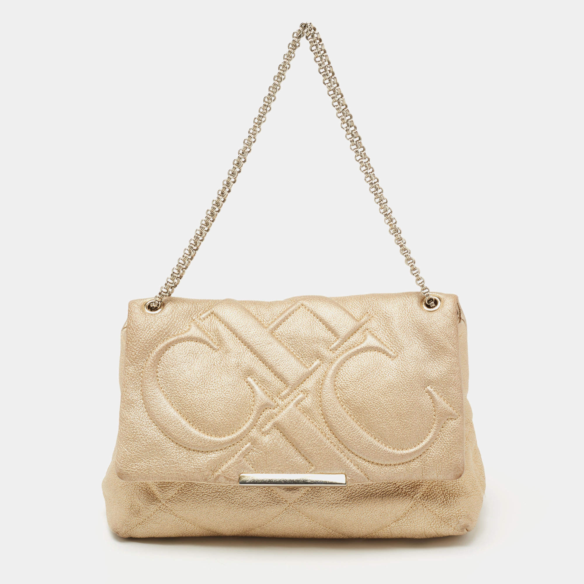 Pre Owned CH Carolina Herrera Metallic Gold Quilted Leather Flap Chain Shoulder Bag