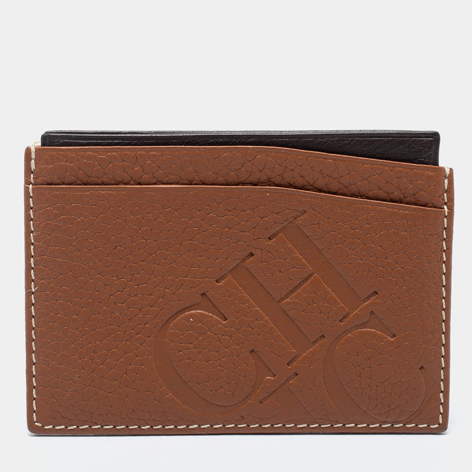 Pre Owned CH Carolina Herrera Tan Monogram Embossed Leather Card Holder