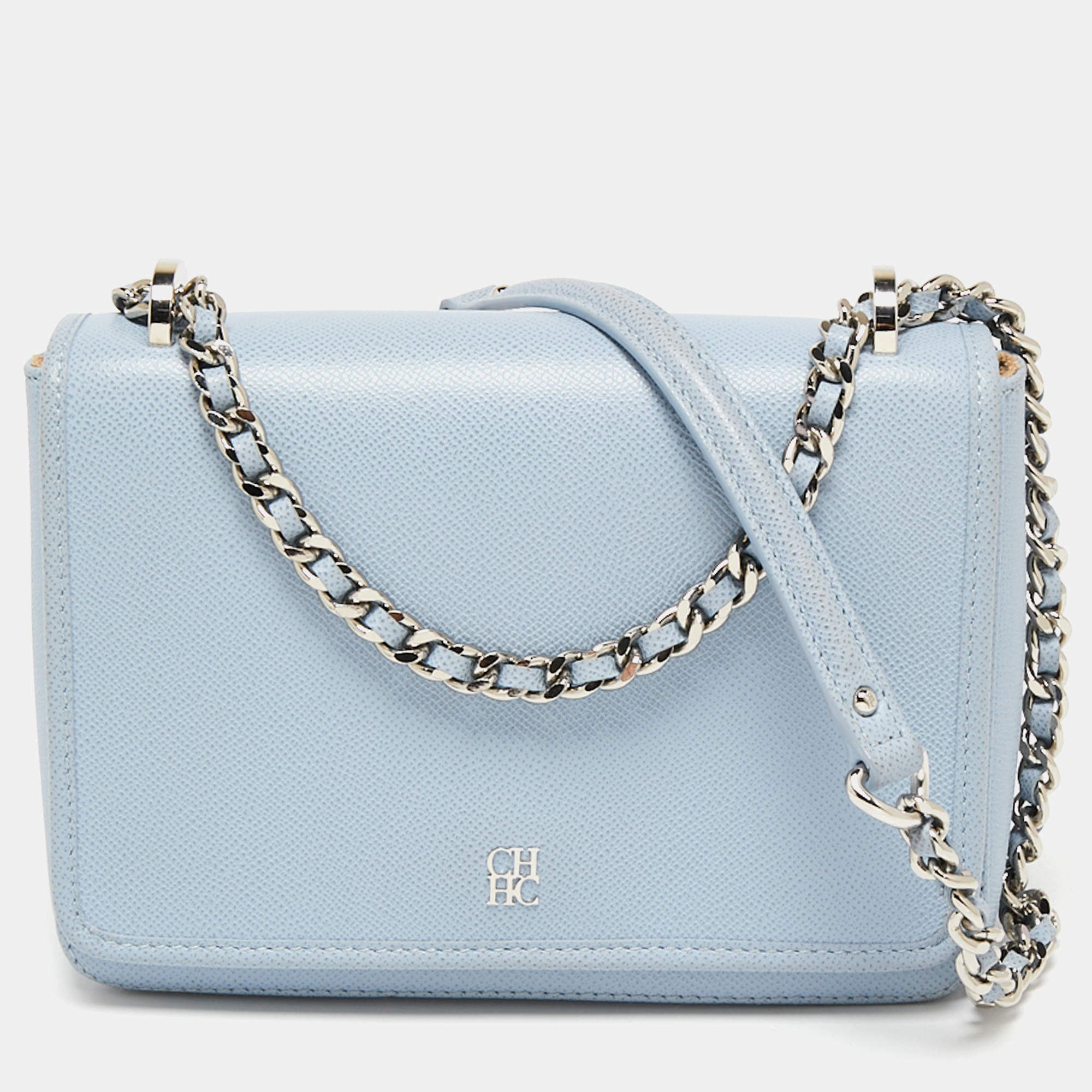 Pre Owned CH Carolina Herrera Blue Leather Flap Shoulder Bag