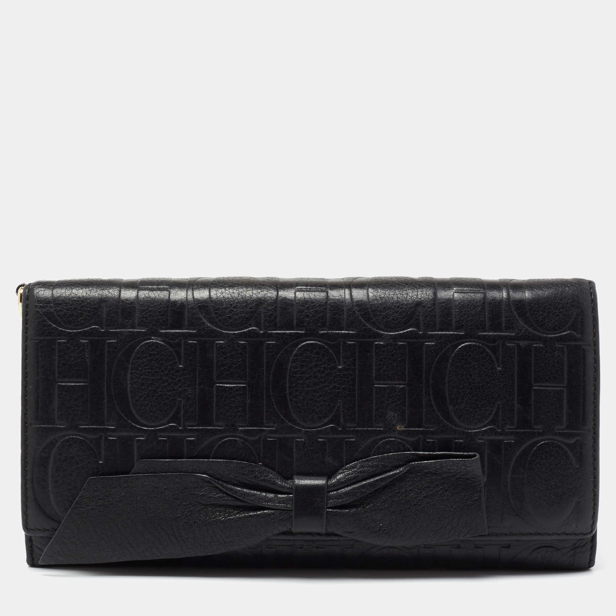Pre Owned CH Carolina Herrera Black Monogram Embossed Leather Bow Flap Clutch