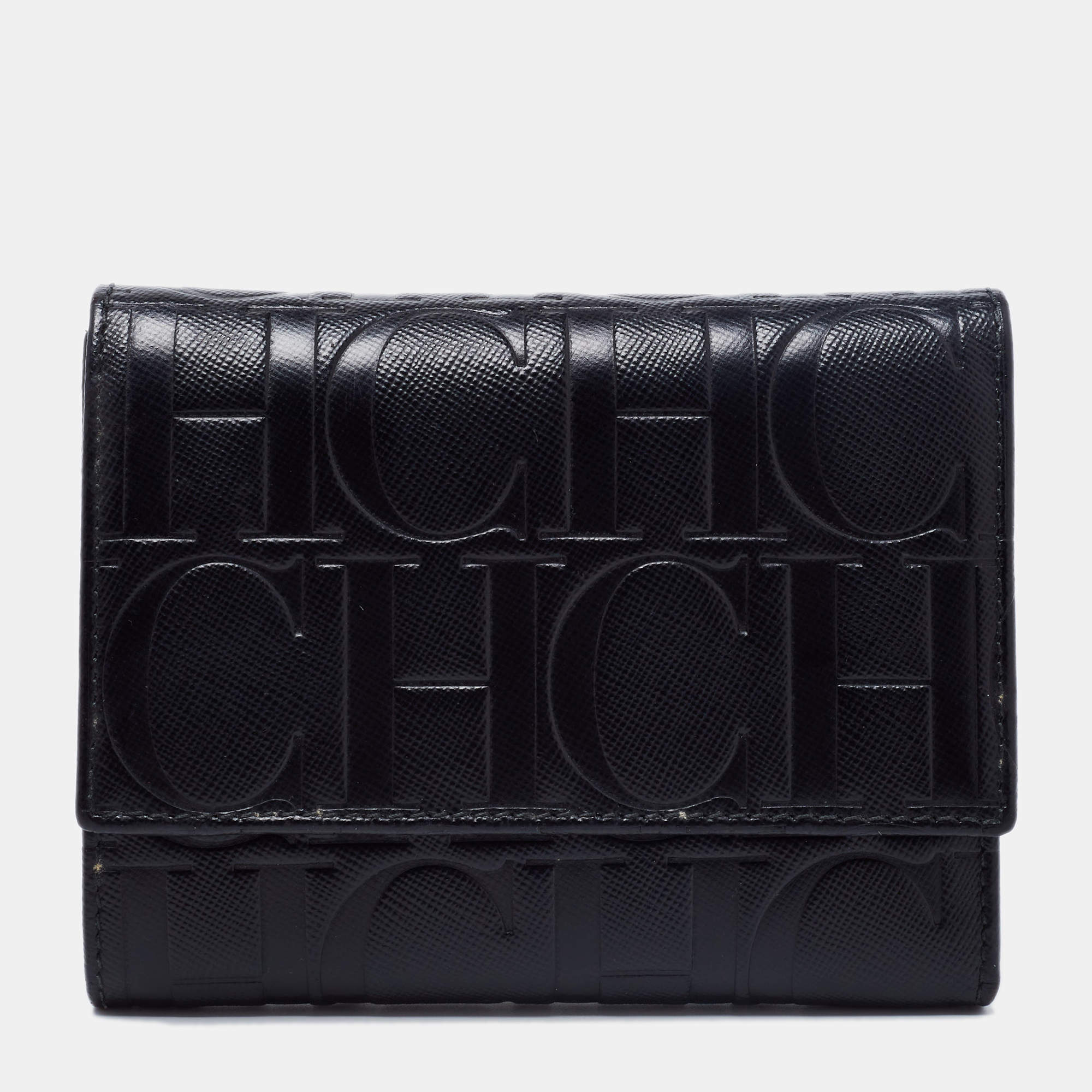 مملوكة مسبقًا CH Carolina Herrera Black Leather Logo Embossed Trifold Wallet