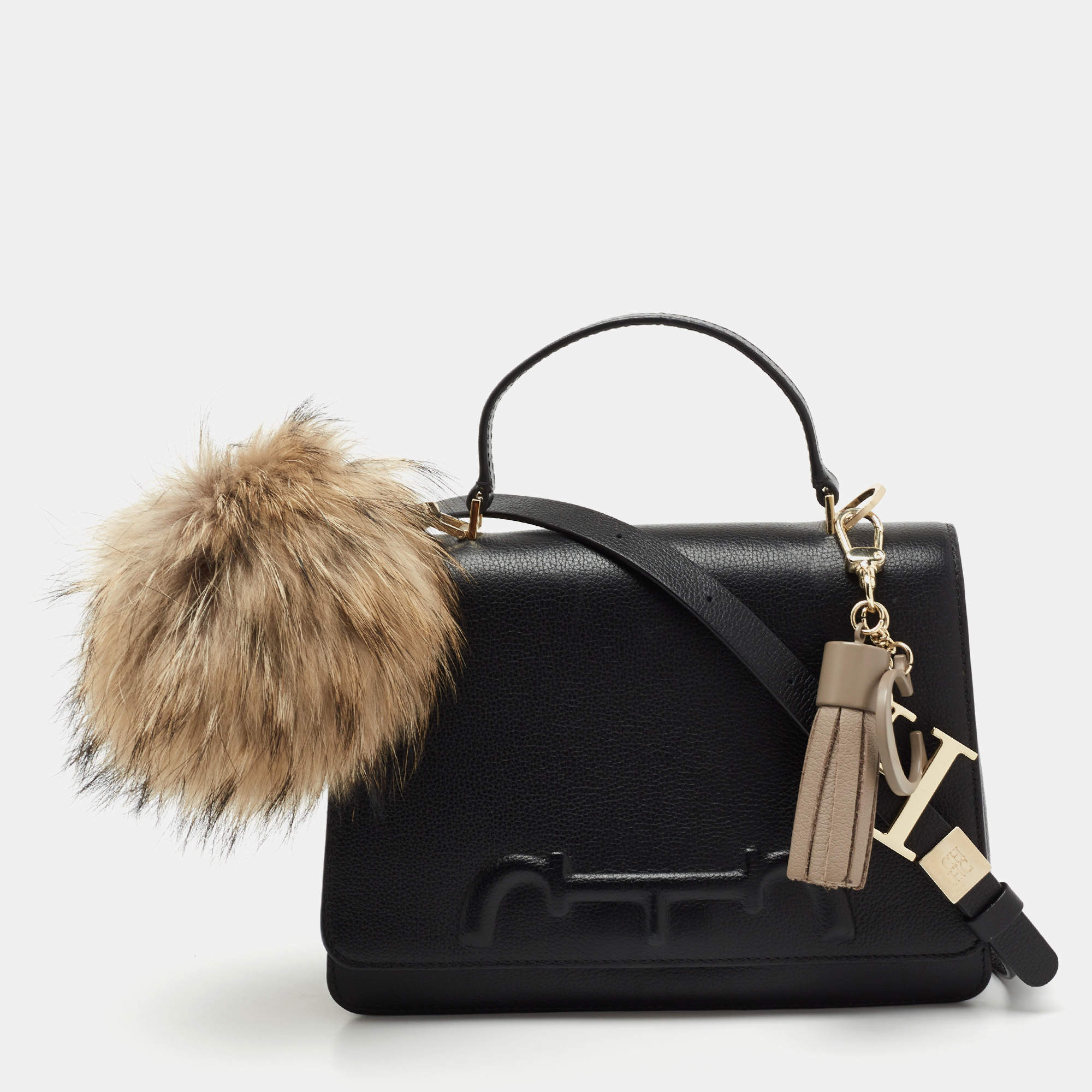 Pre Owned CH Carolina Herrera Black Leather Victoria Insignia Top Handle Bag