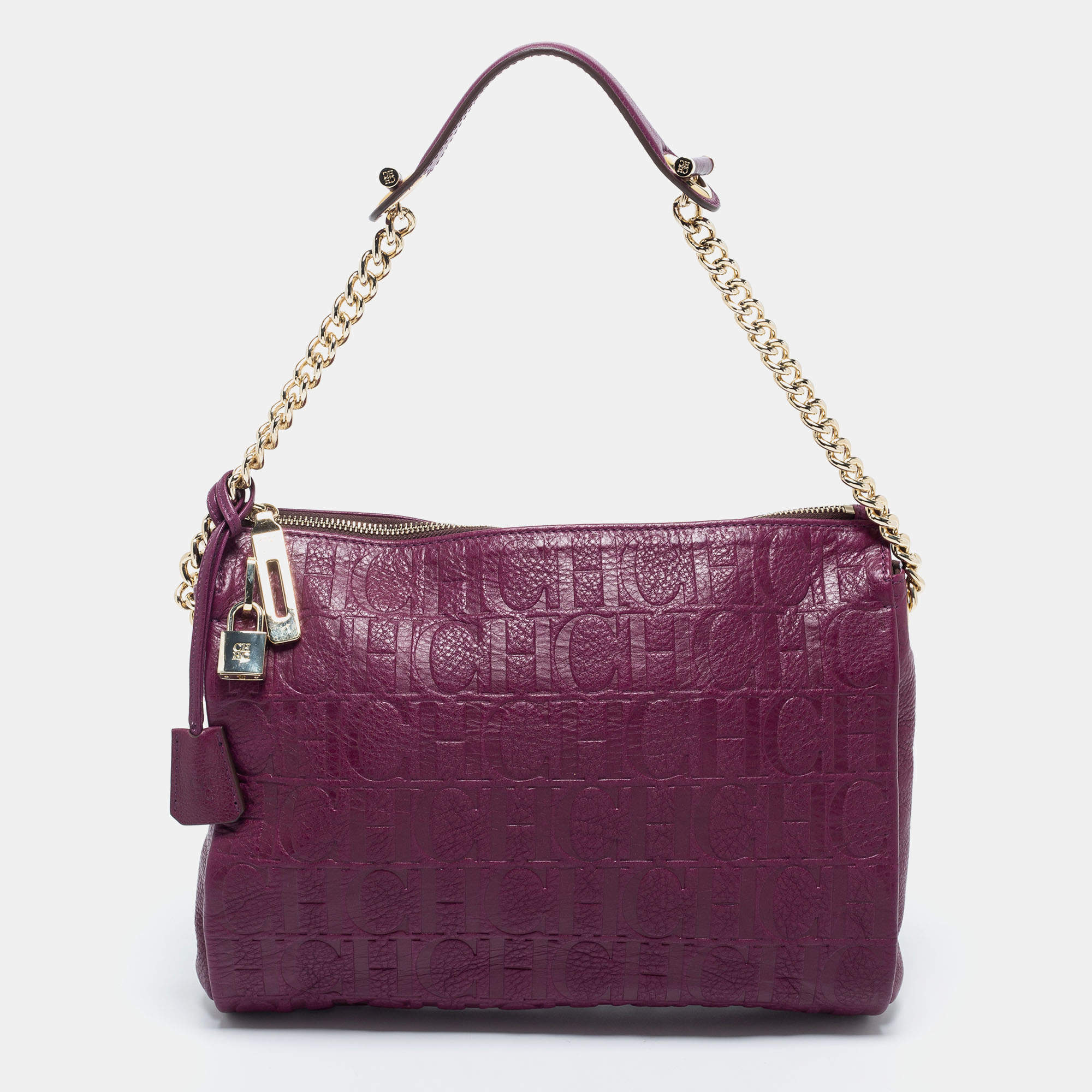 Pre Owned CH Carolina Herrera Purple Logo Embossed Leather Shoulder Bag
