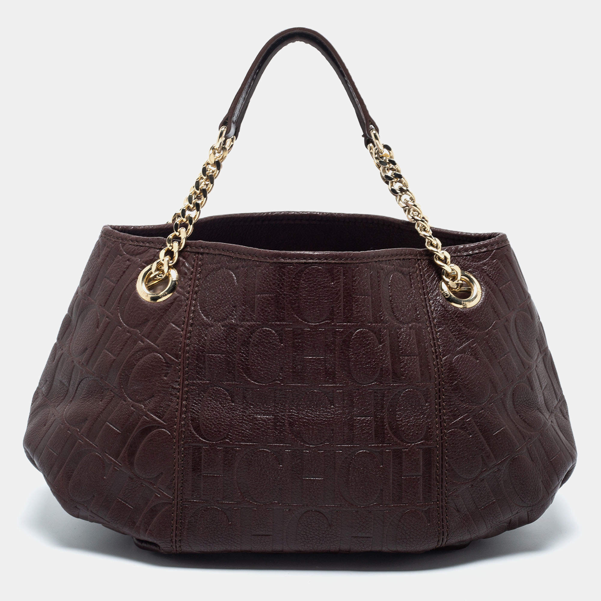 Pre Owned CH Carolina Herrera Brown Logo Embossed Leather Chain Satchel