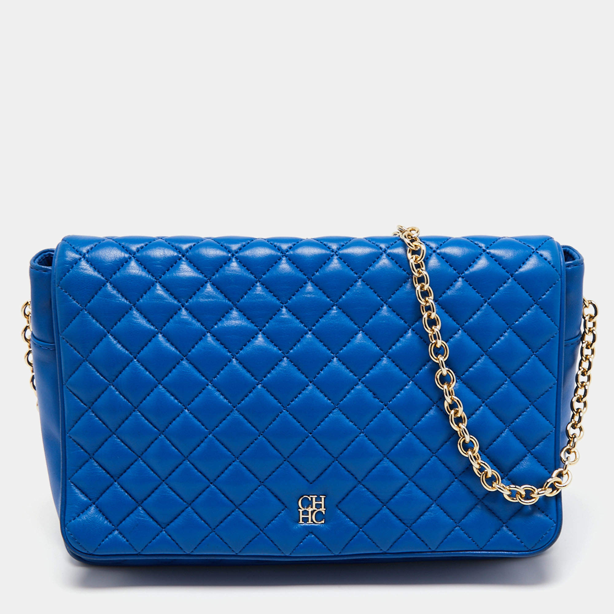 Pre Owned CH Carolina Herrera Blue Quilted Leather Flap Chain Shoulder Bag