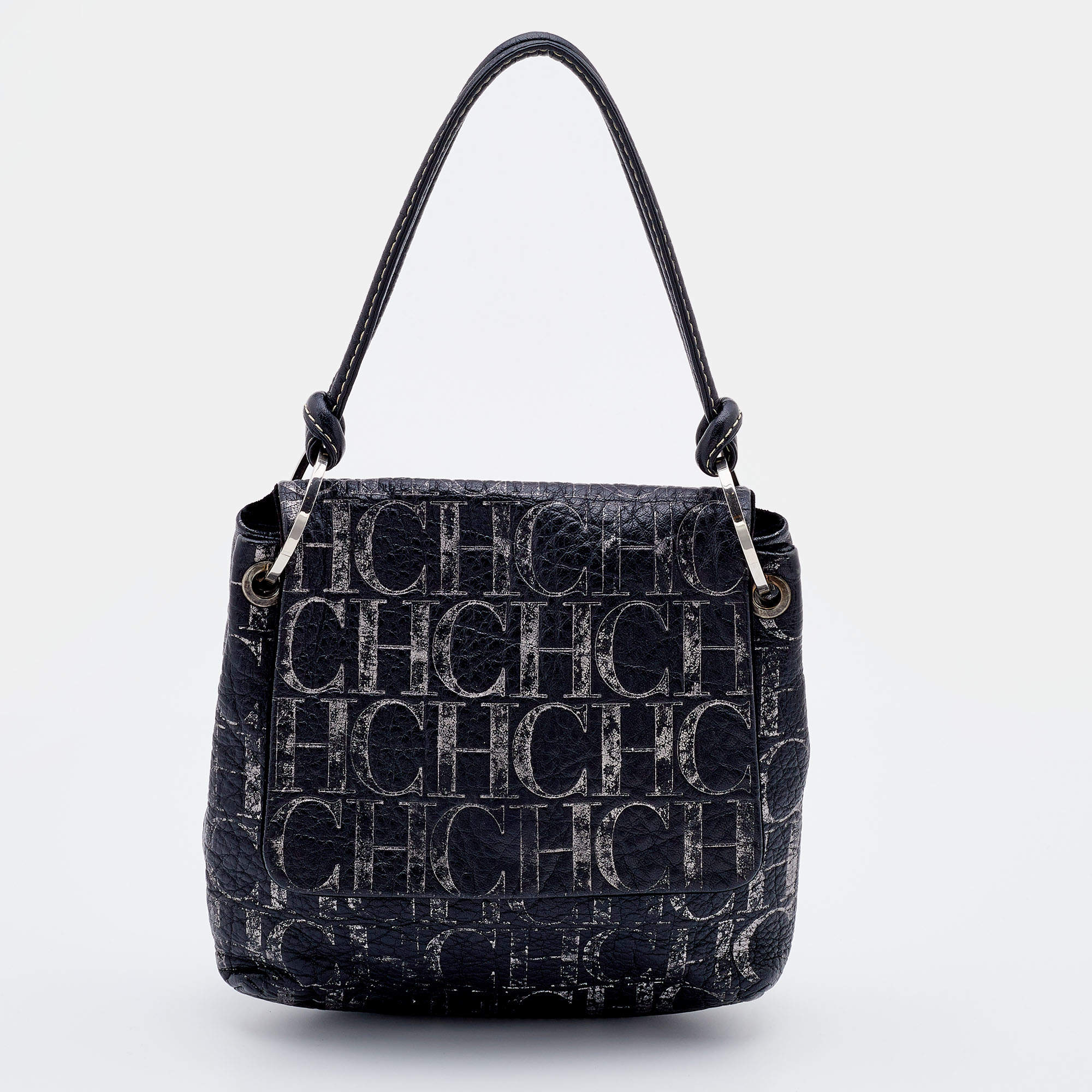 Pre Owned CH Carolina Herrera Black/Silver Monogram Embossed Leather Flap Shoulder Bag