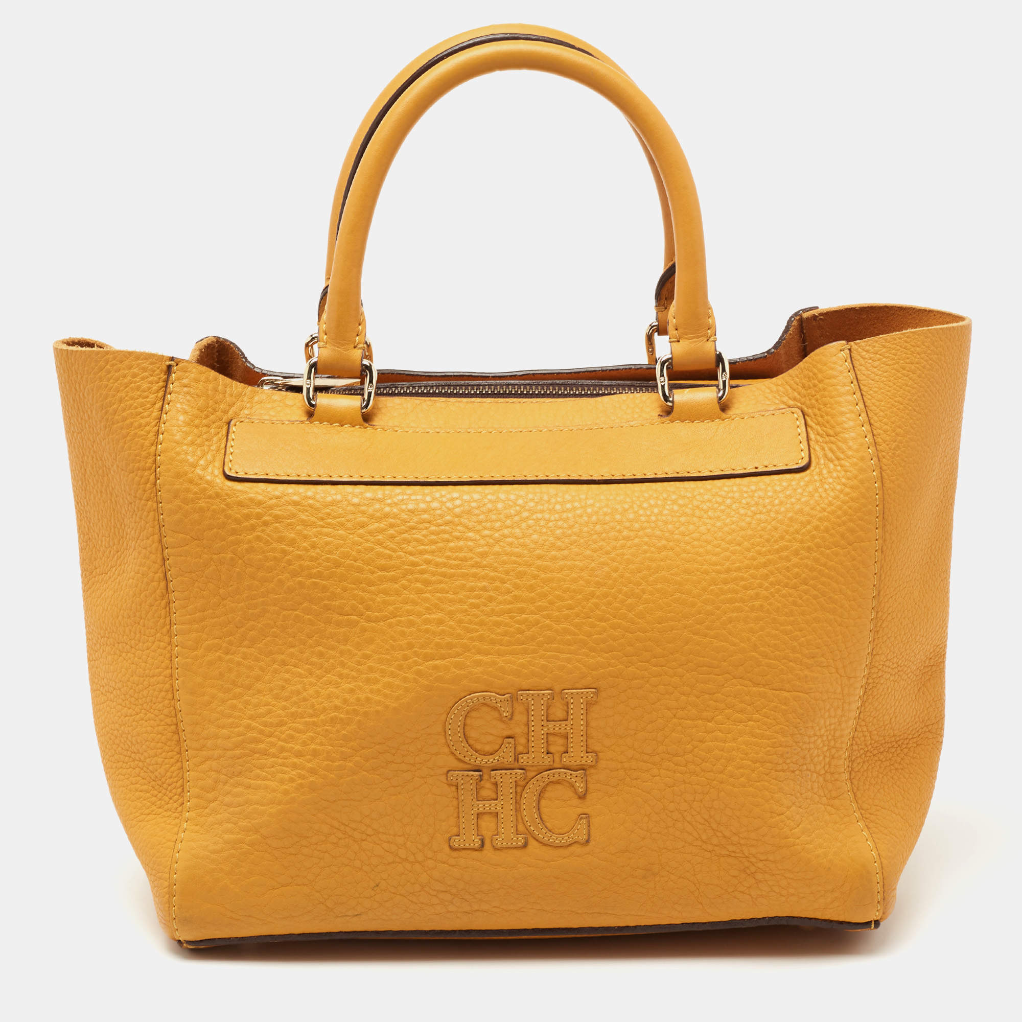Pre Owned CH Carolina Herrera Dark Yellow Grained Leather Tote