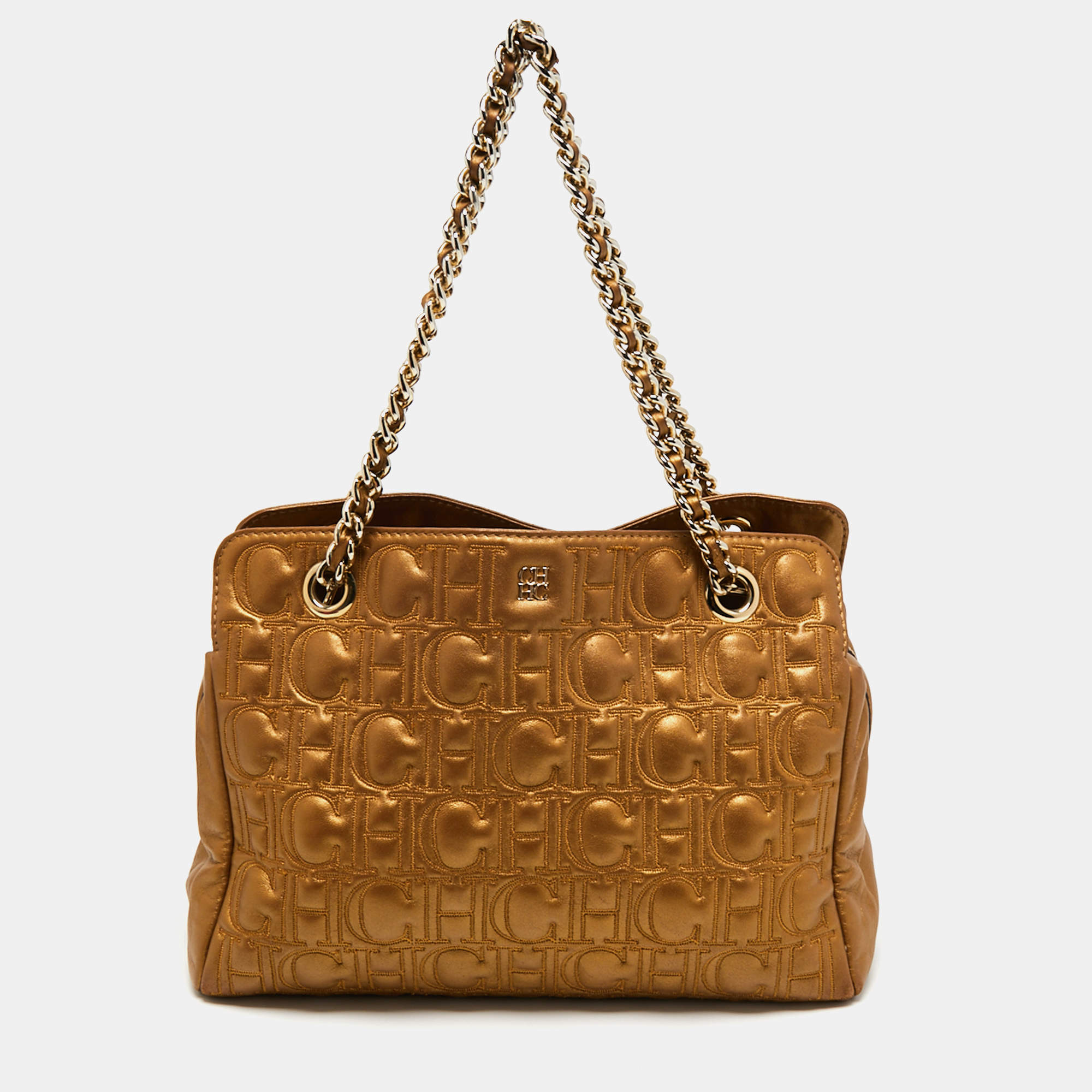Pre Owned CH Carolina Herrera Gold Logo Embossed Leather Top Zip Chain Tote