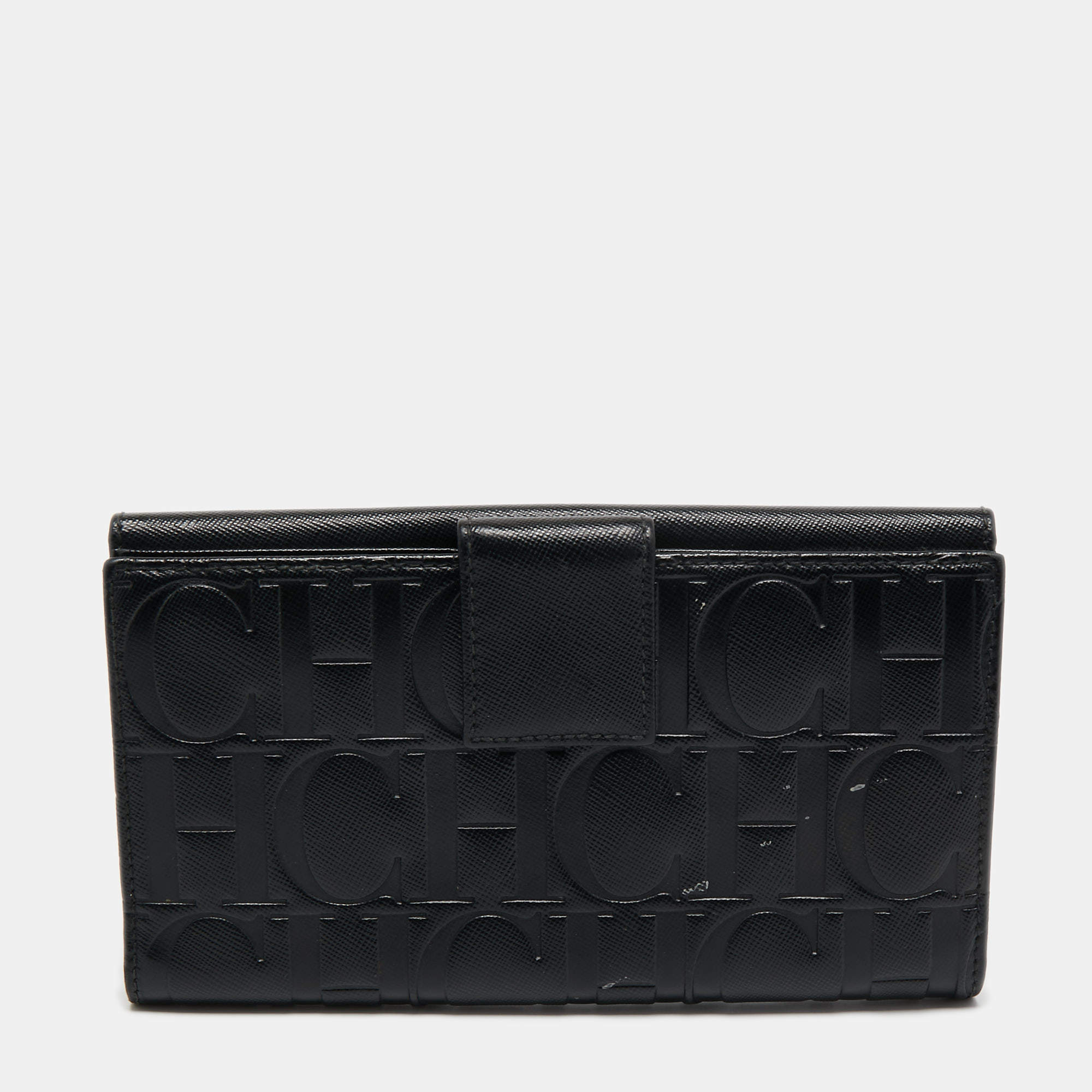 مملوكة مسبقًا CH Carolina Herrera Black Monogram Leather Bifold Flap Wallet