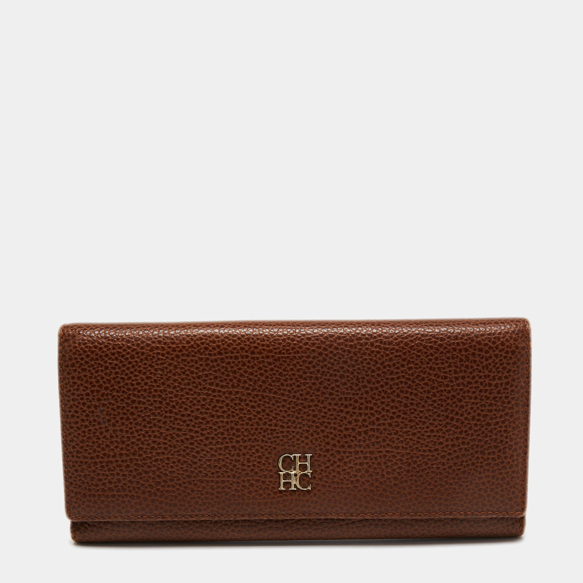 Pre Owned CH Carolina Herrera Brown Leather Continental Flap Wallet
