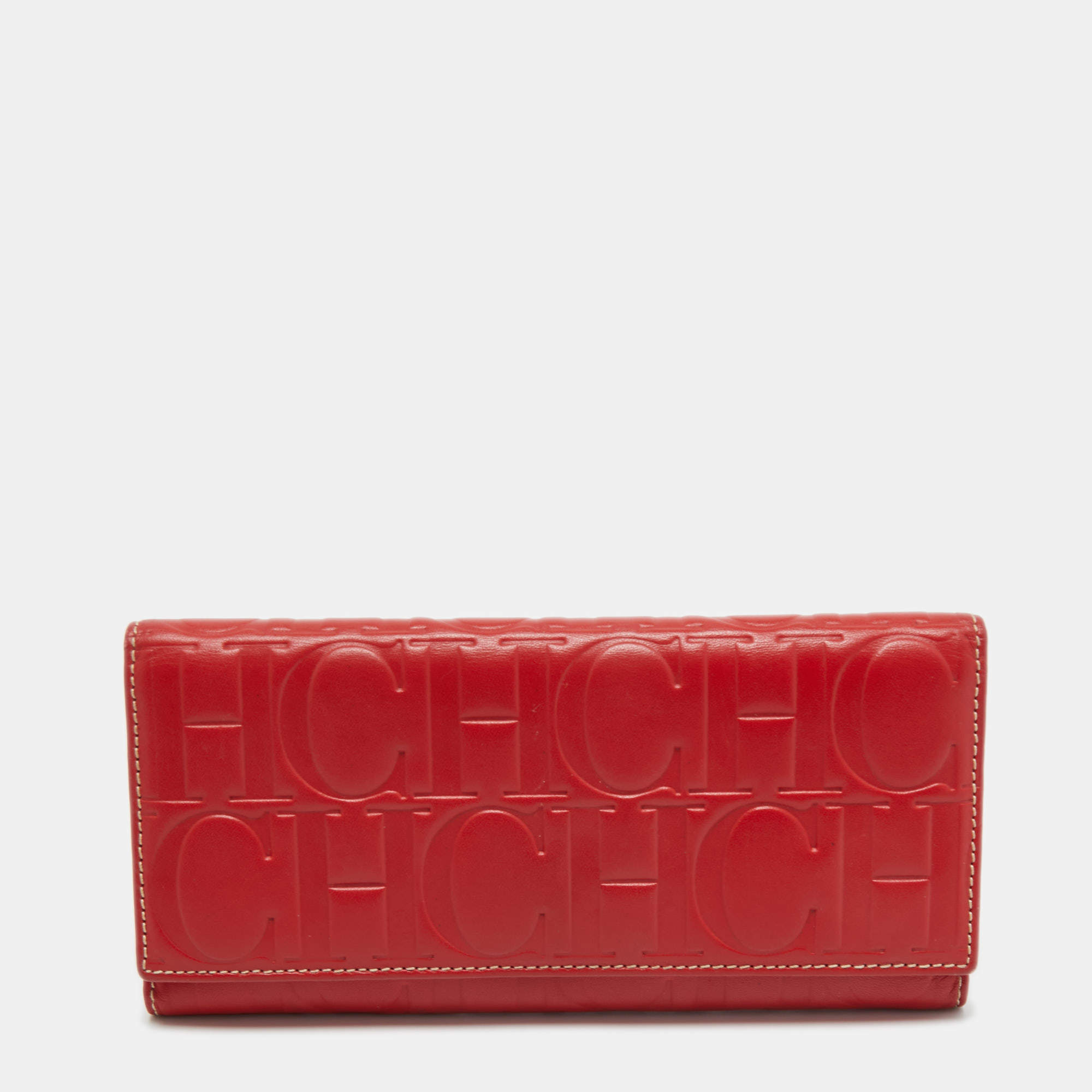 Pre Owned Carolina Herrera Red Monogram Embossed Leather Flap Continental Wallet