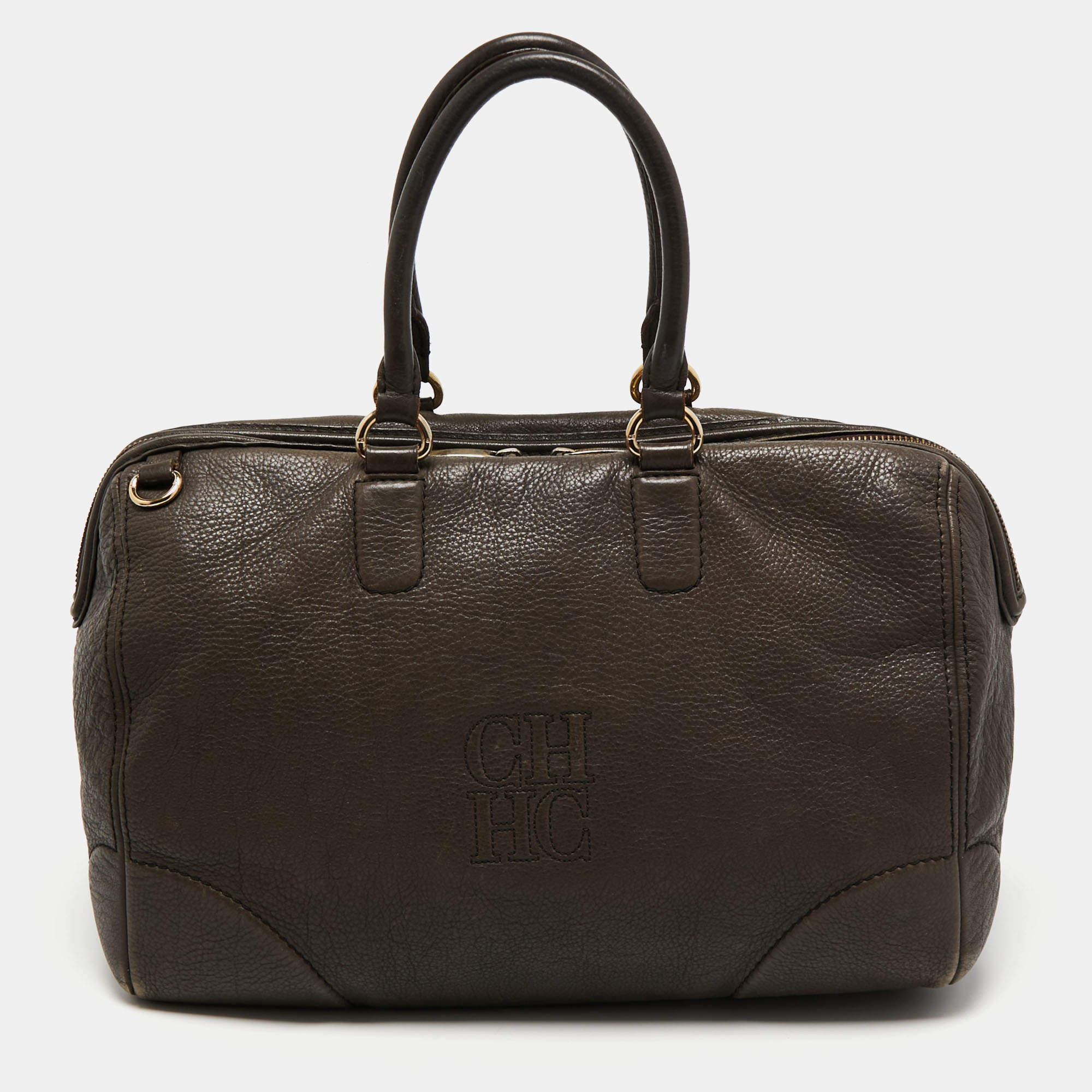Pre Owned CH Carolina Herrera Dark Grey Monogram Leather Large Boston Bag