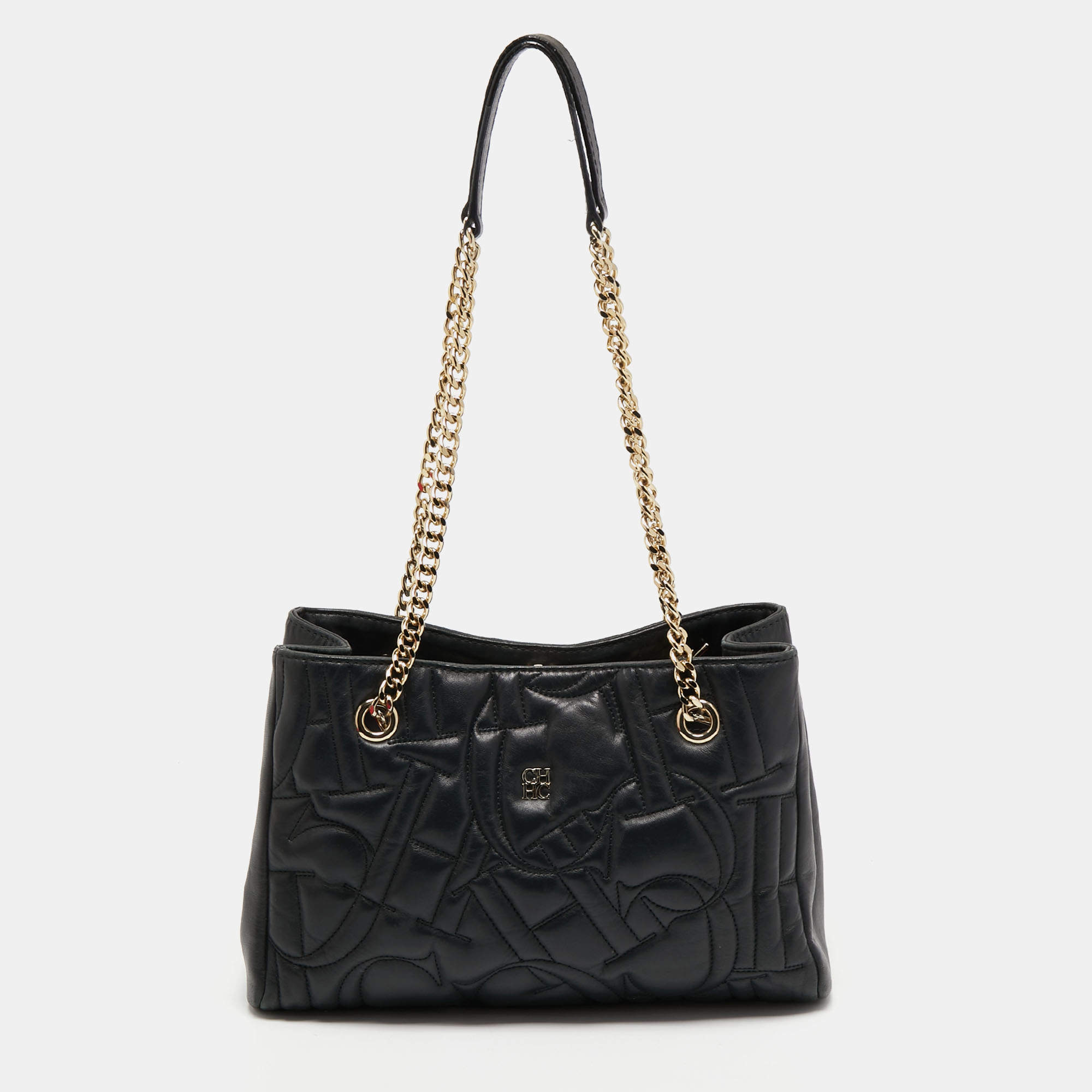 Pre Owned CH Carolina Herrera Black Logo Embossed Leather Chain Tote
