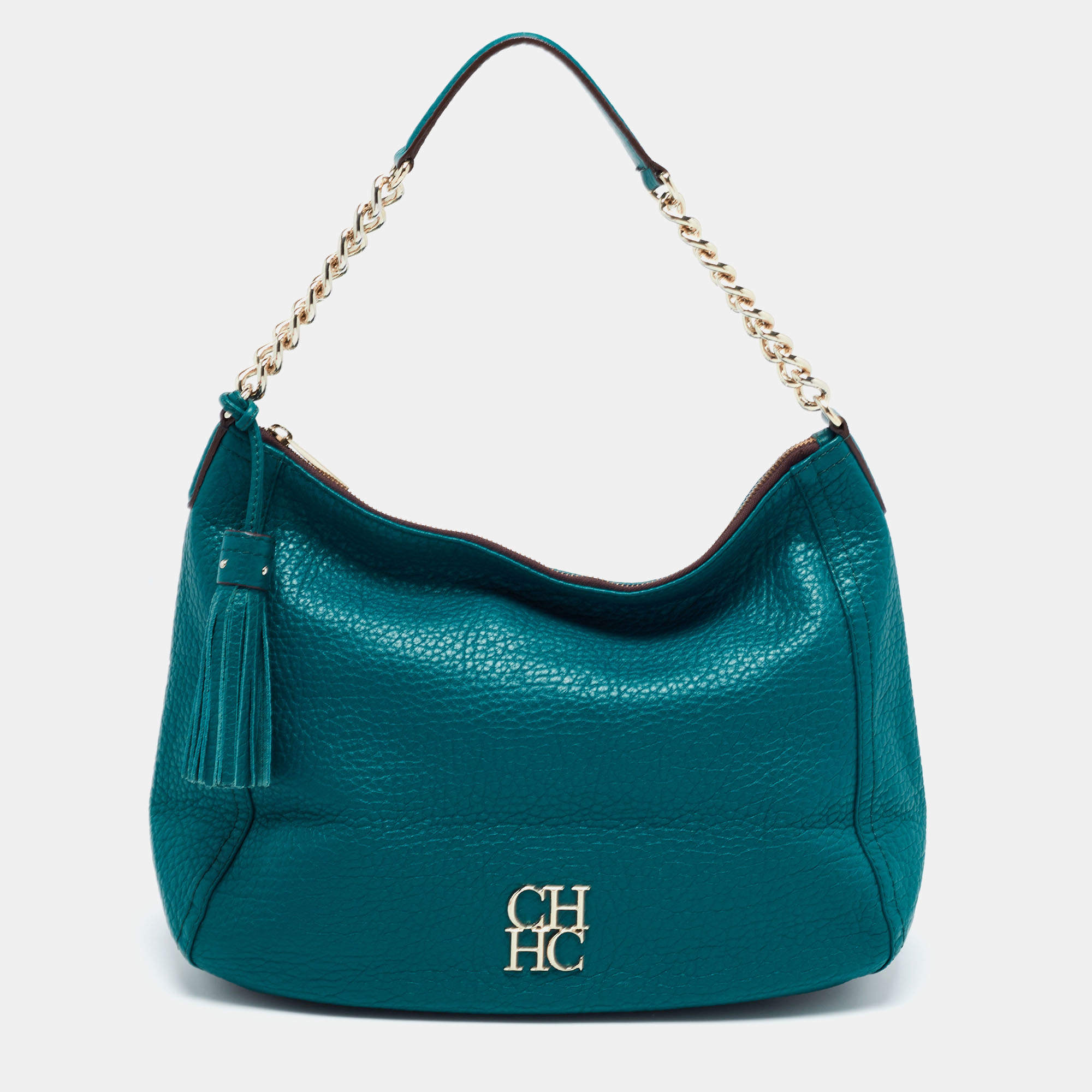 Pre Owned CH Carolina Herrera Green Grained Leather Zip Hobo