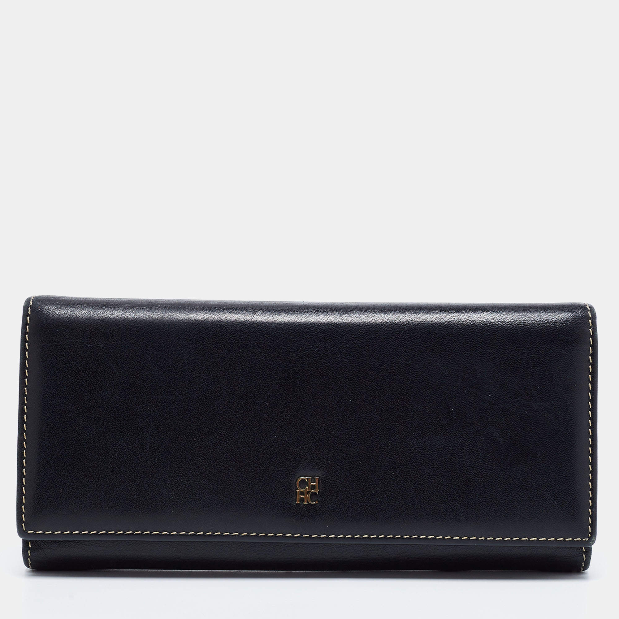 Pre Owned CH Carolina Herrera Black Leather Continental Wallet