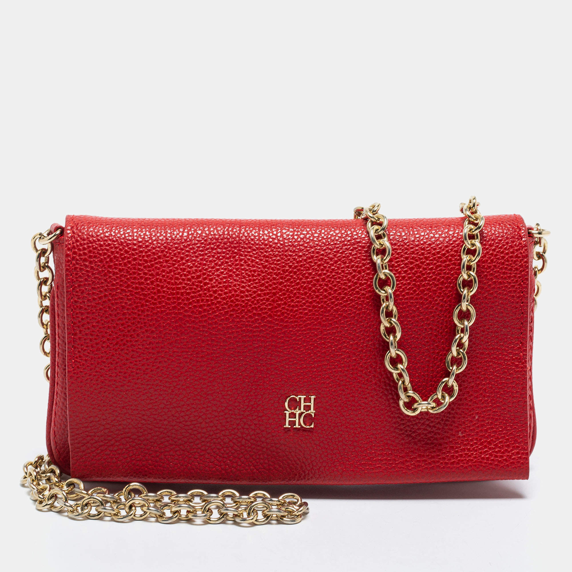 Pre Owned CH Carolina Herrera Red Leather Chain Clutch