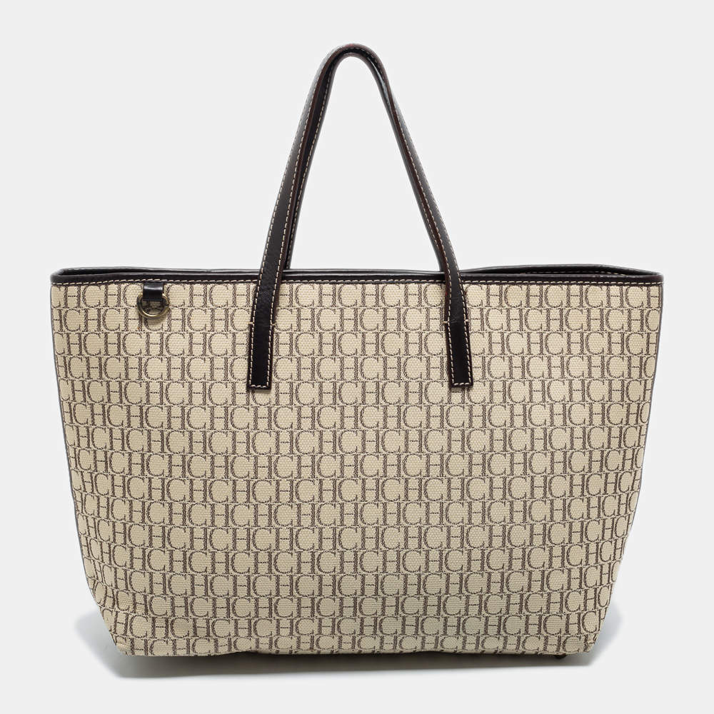 مملوكة مسبقًا CH Carolina Herrera Beige/Dark Brown Monogram Canvas and Leather Shopper Tote