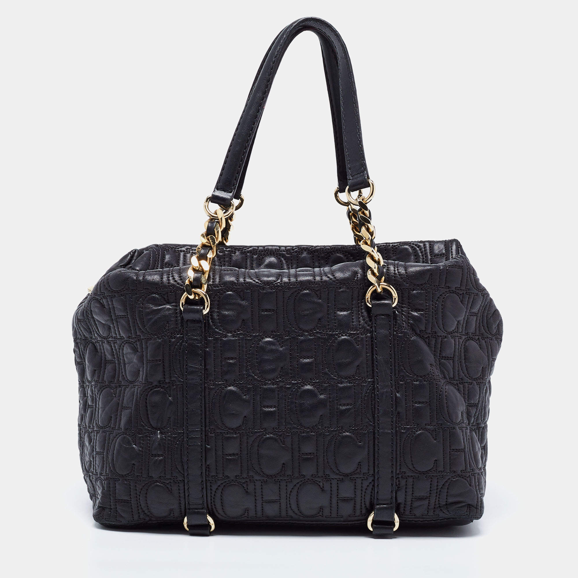 Pre Owned CH Carolina Herrera Black Monogram Embossed Leather Chain Satchel