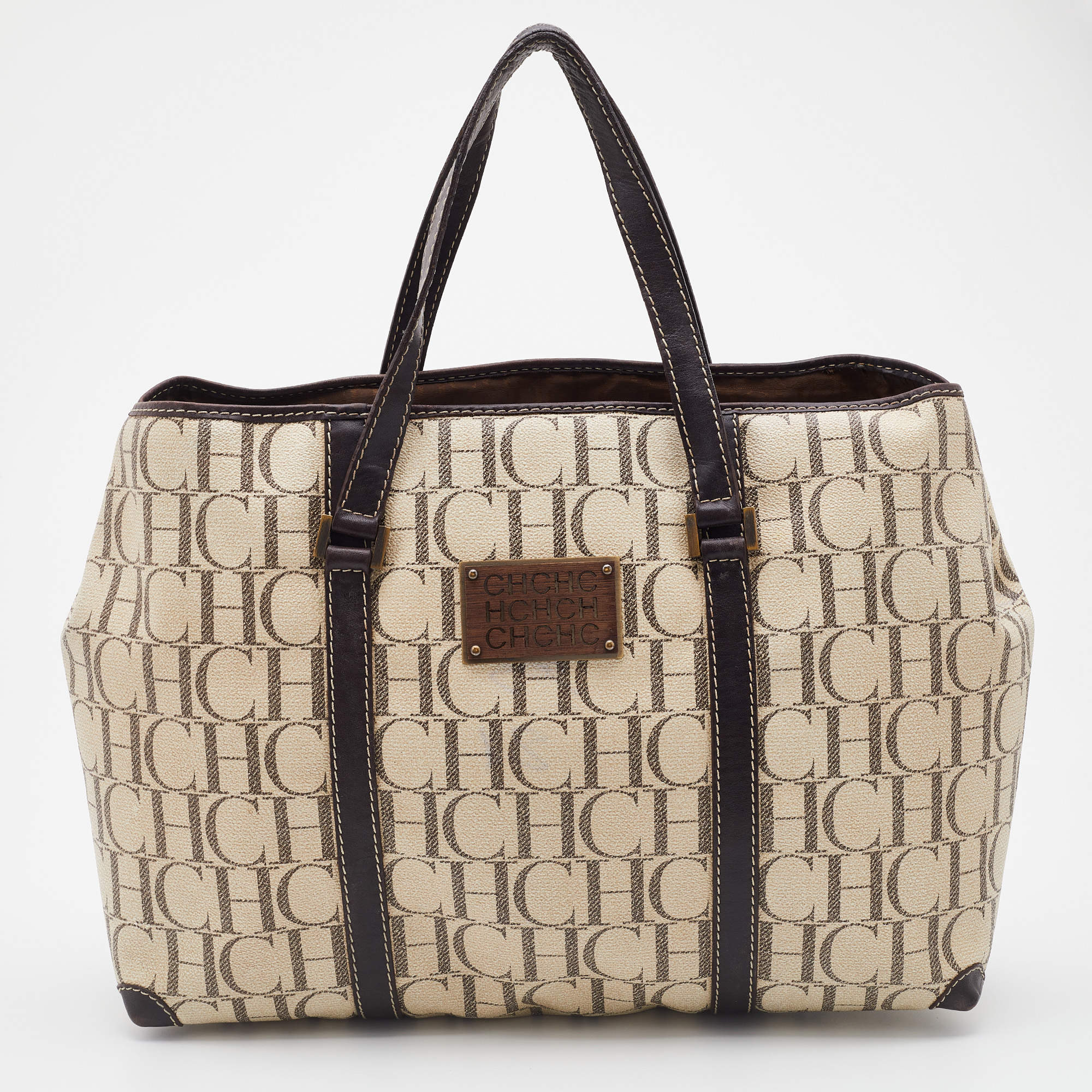 Pre Owned CH Carolina Herrera Beige/Brown Monogram Coated Canvas and Leather Tote