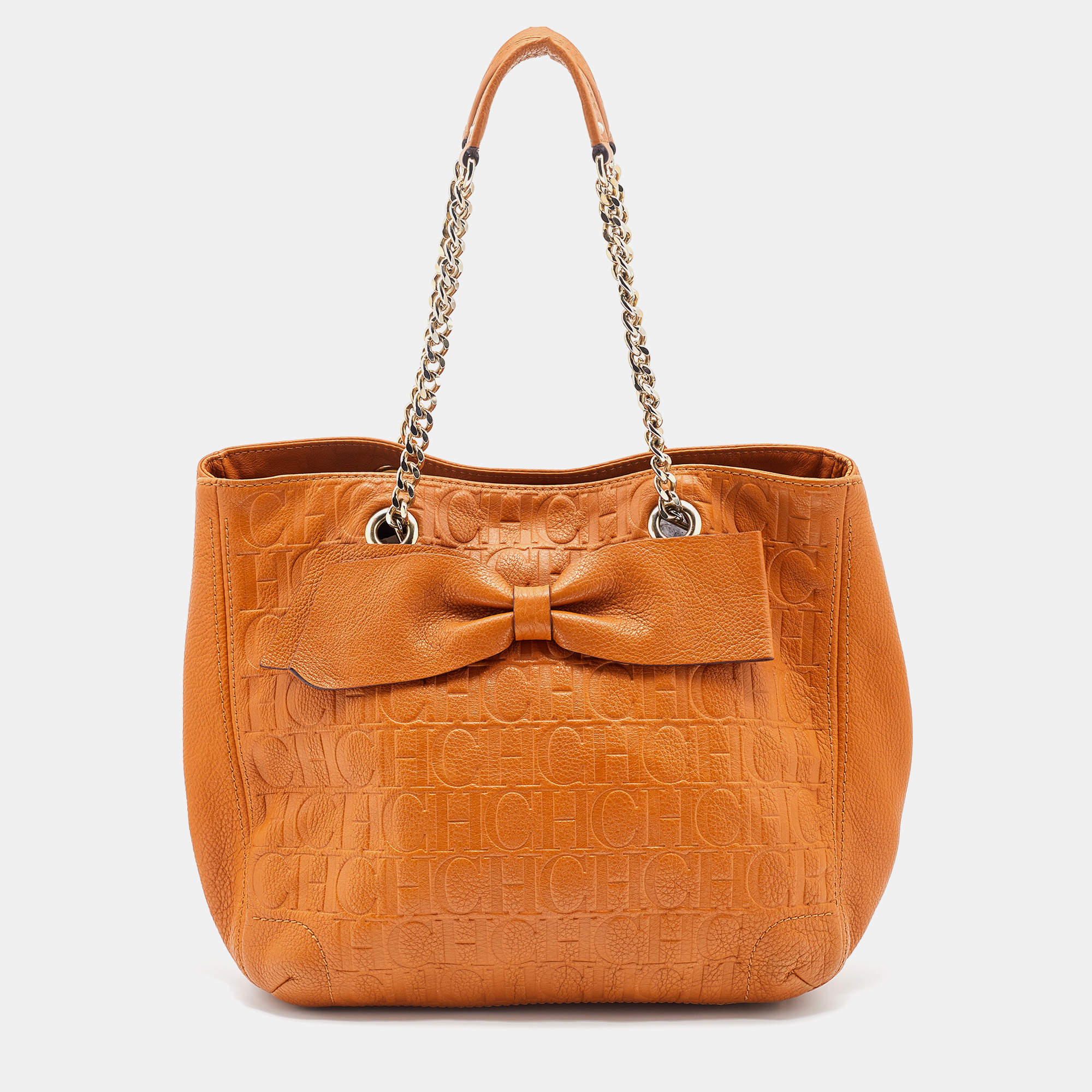 Pre Owned CH Carolina Herrera Brown Monogram Embossed Leather Audrey Tote