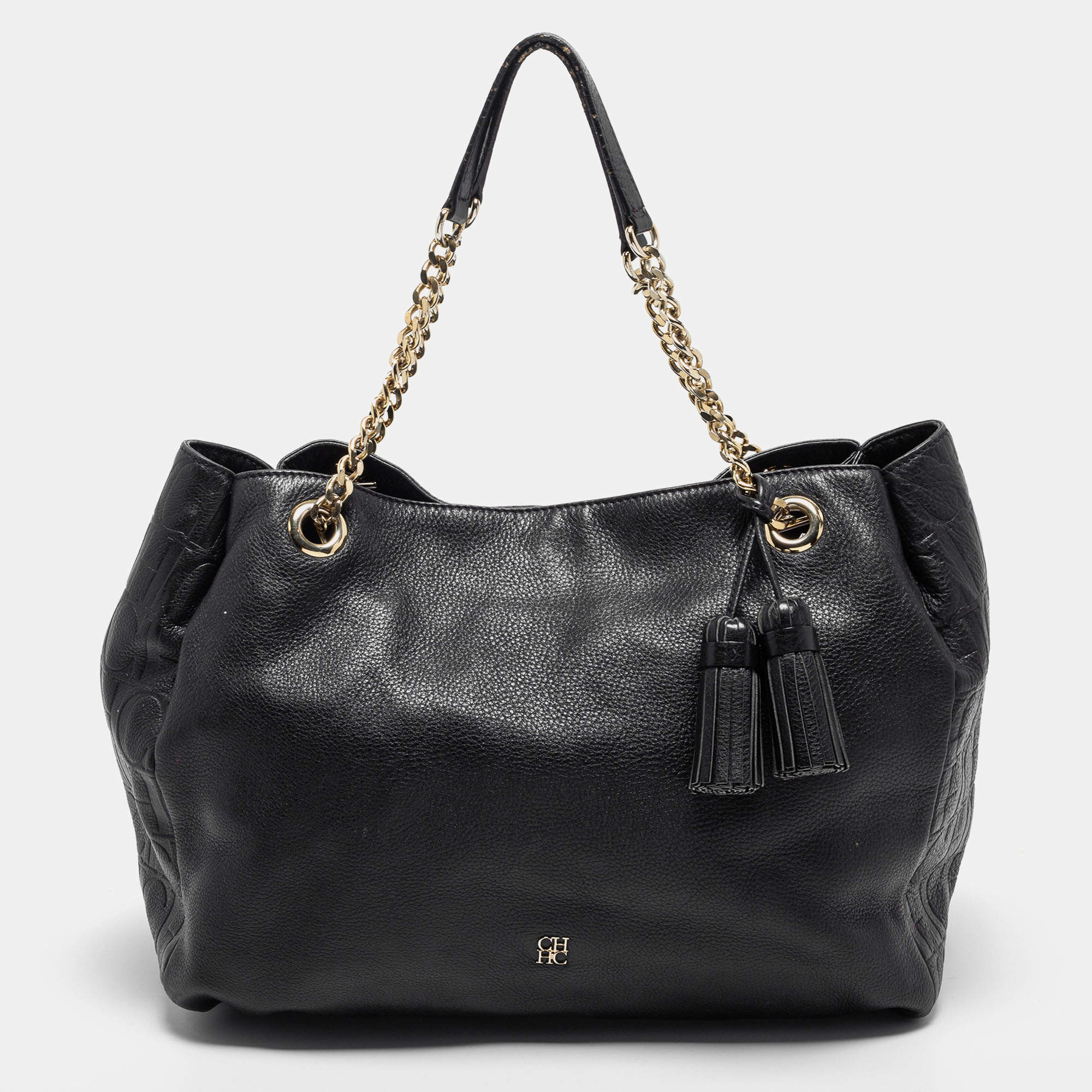 مملوكة مسبقًا CH Carolina Herrera Black Monogram Embossed Leather Chain Tote