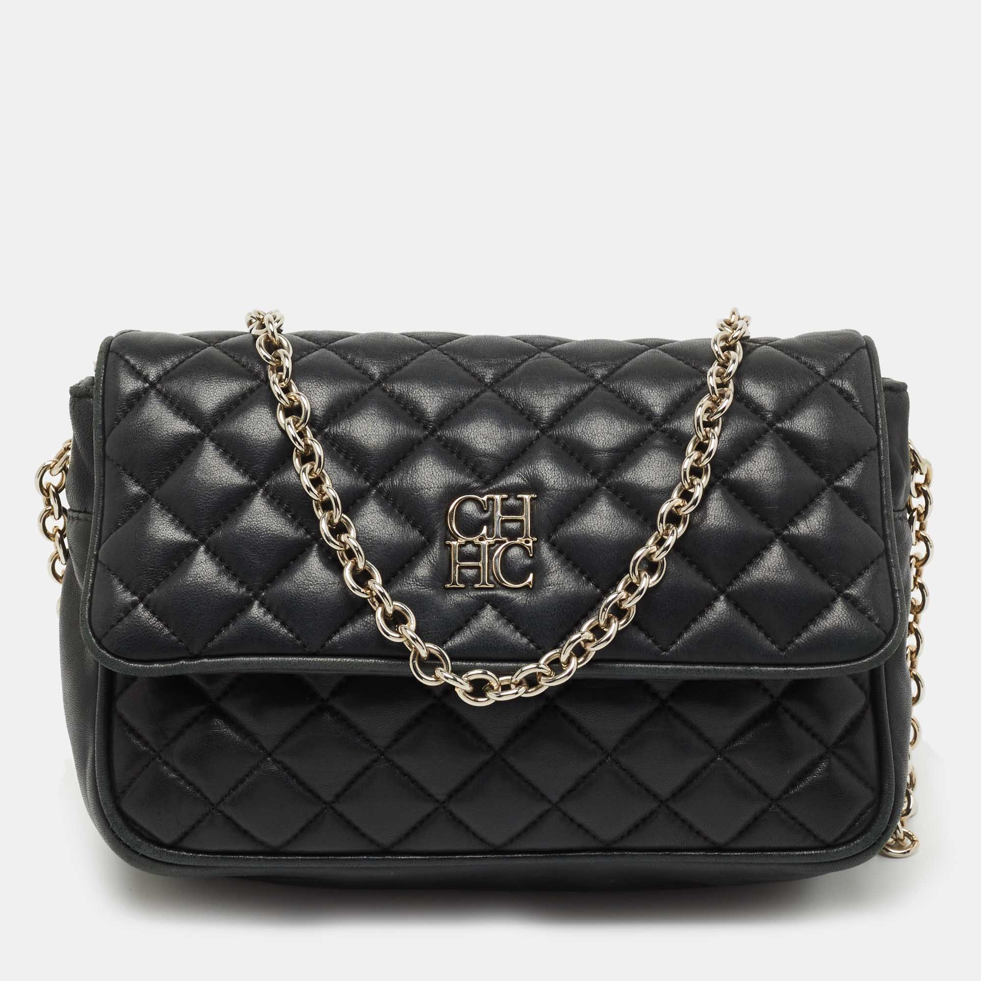 Pre Owned CH Carolina Herrera Black Quilted Leather Chain Crossbody Bag