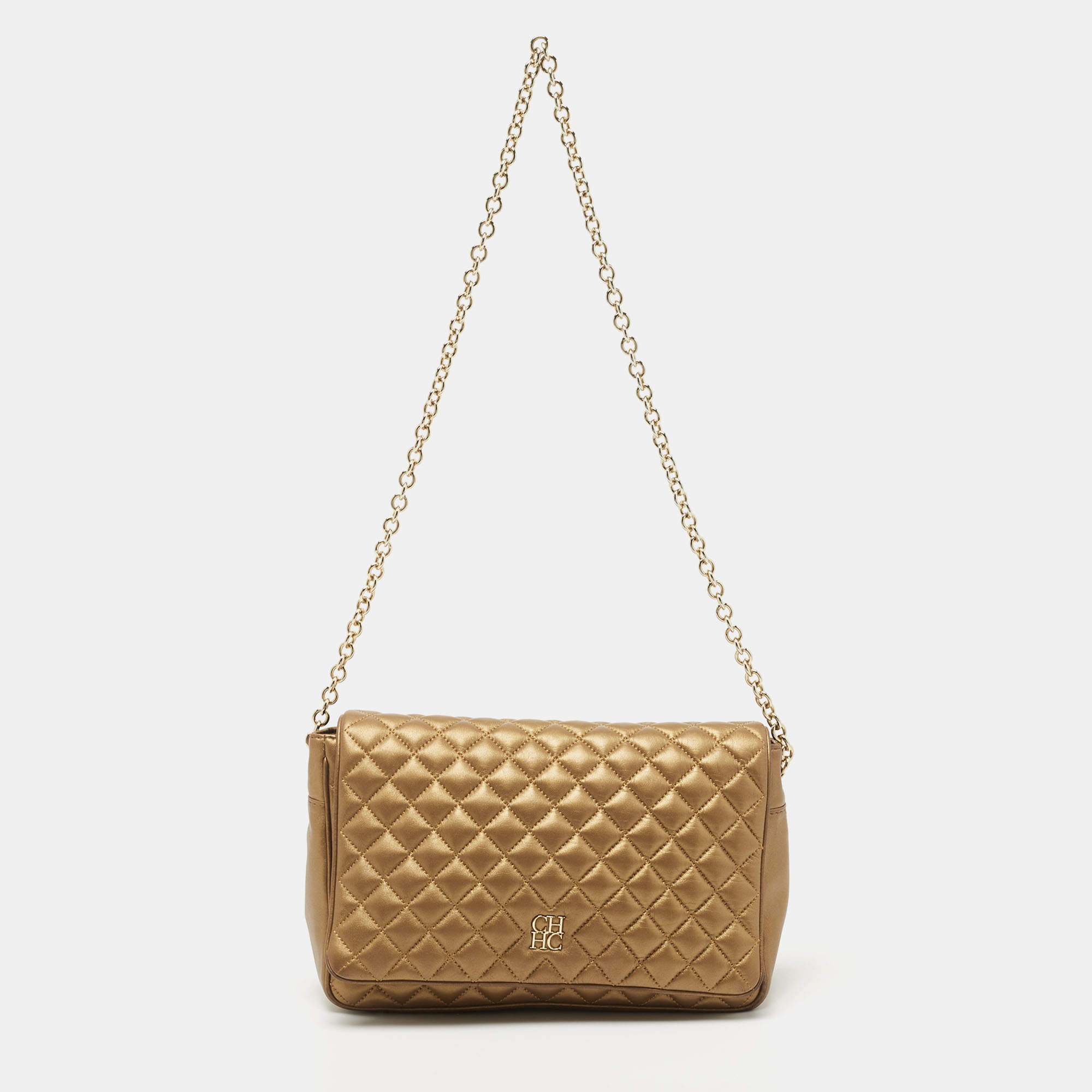Pre Owned CH Carolina Herrera Metallic Gold Quilted Leather Chain Flap Shoulder Bag