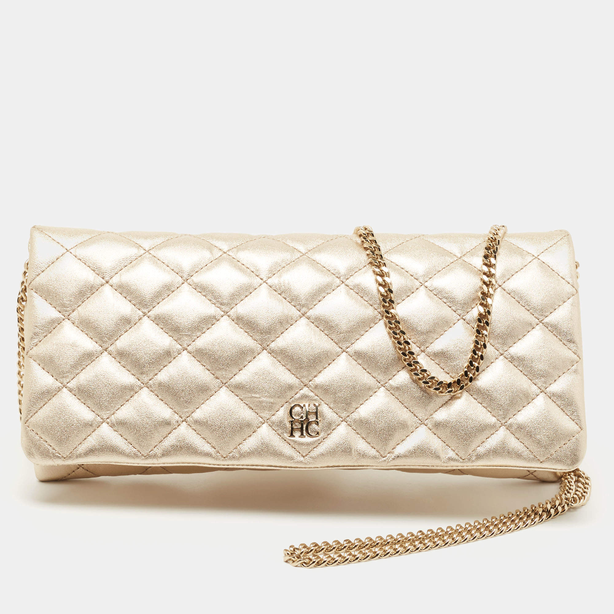 Pre Owned CH Carolina Herrera Metallic Gold Quilted Leather Flap Chain Clutch