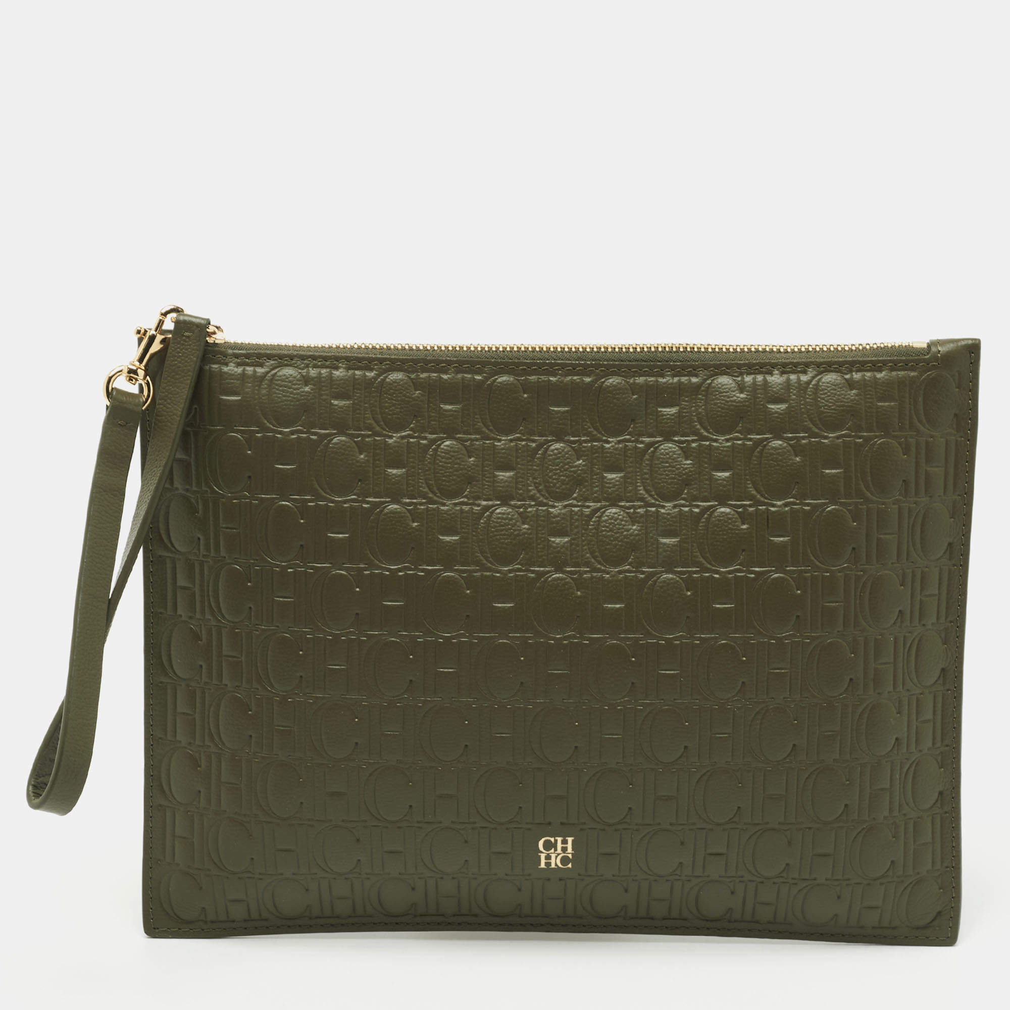 Pre Owned CH Carolina Herrera Green Monogram Leather Zip Wristlet Pouch