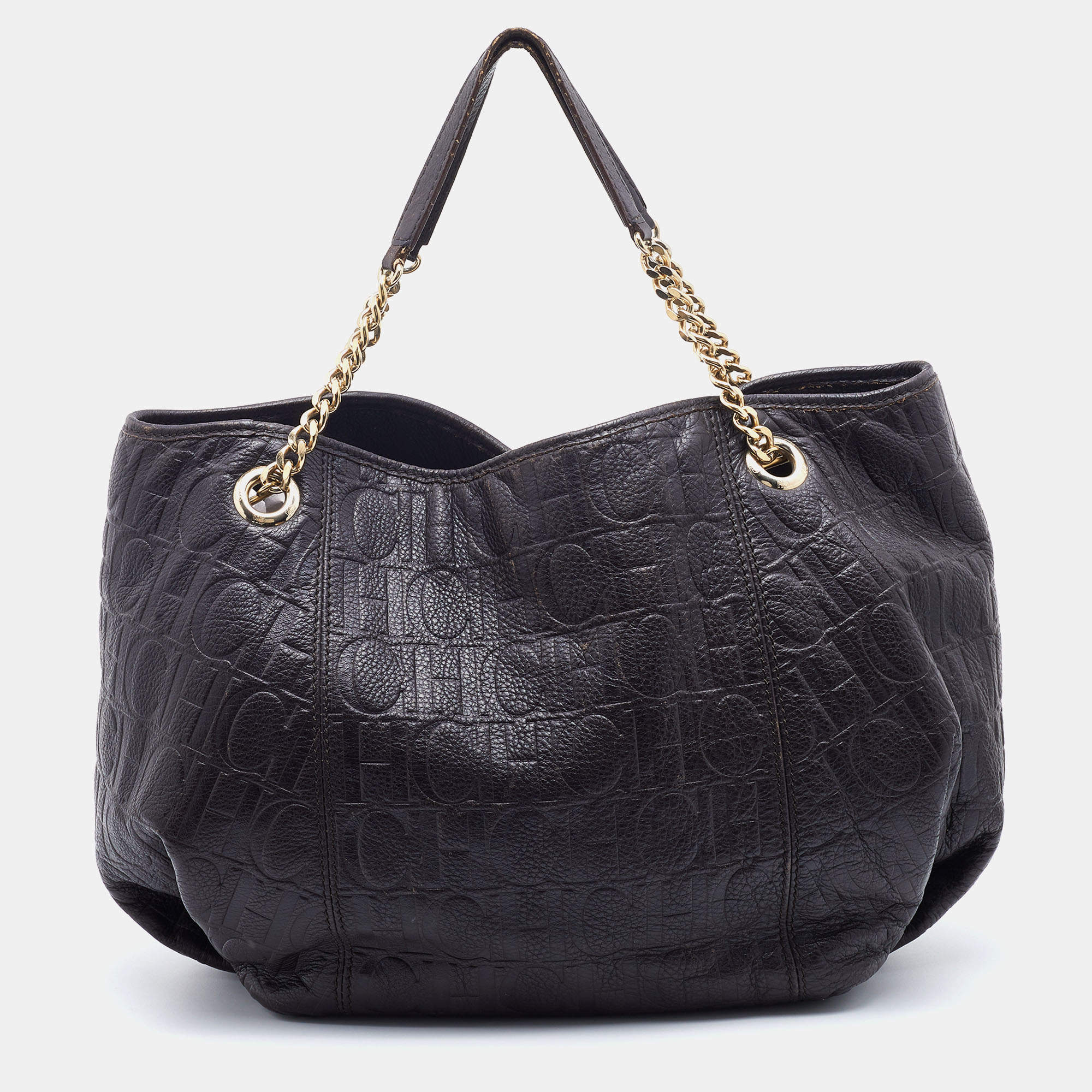 Pre Owned CH Carolina Herrera Dark Brown Monogram Embossed Leather Tote