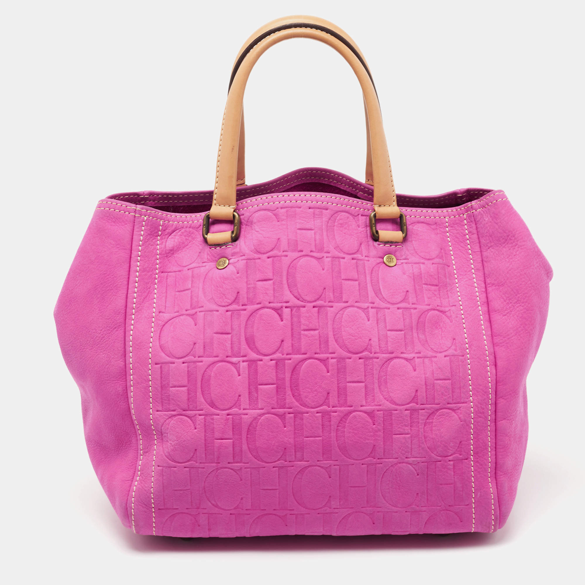 مملوكة مسبقًا CH Carolina Herrera Fuchsia Monogram Embossed Leather Andy Tote