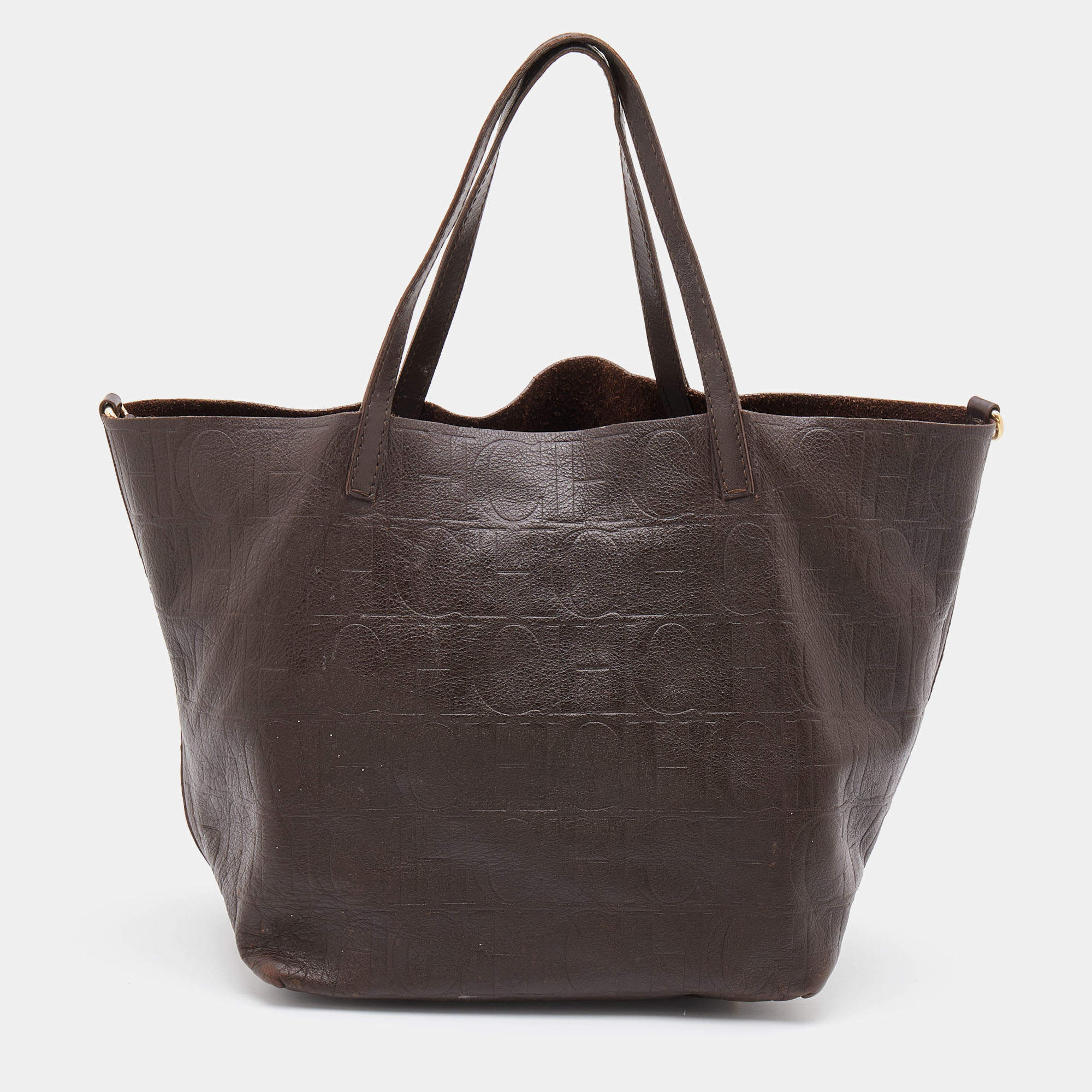 Pre Owned CH Carolina Herrera Dark Brown Embossed Leather Matryoshka Tote