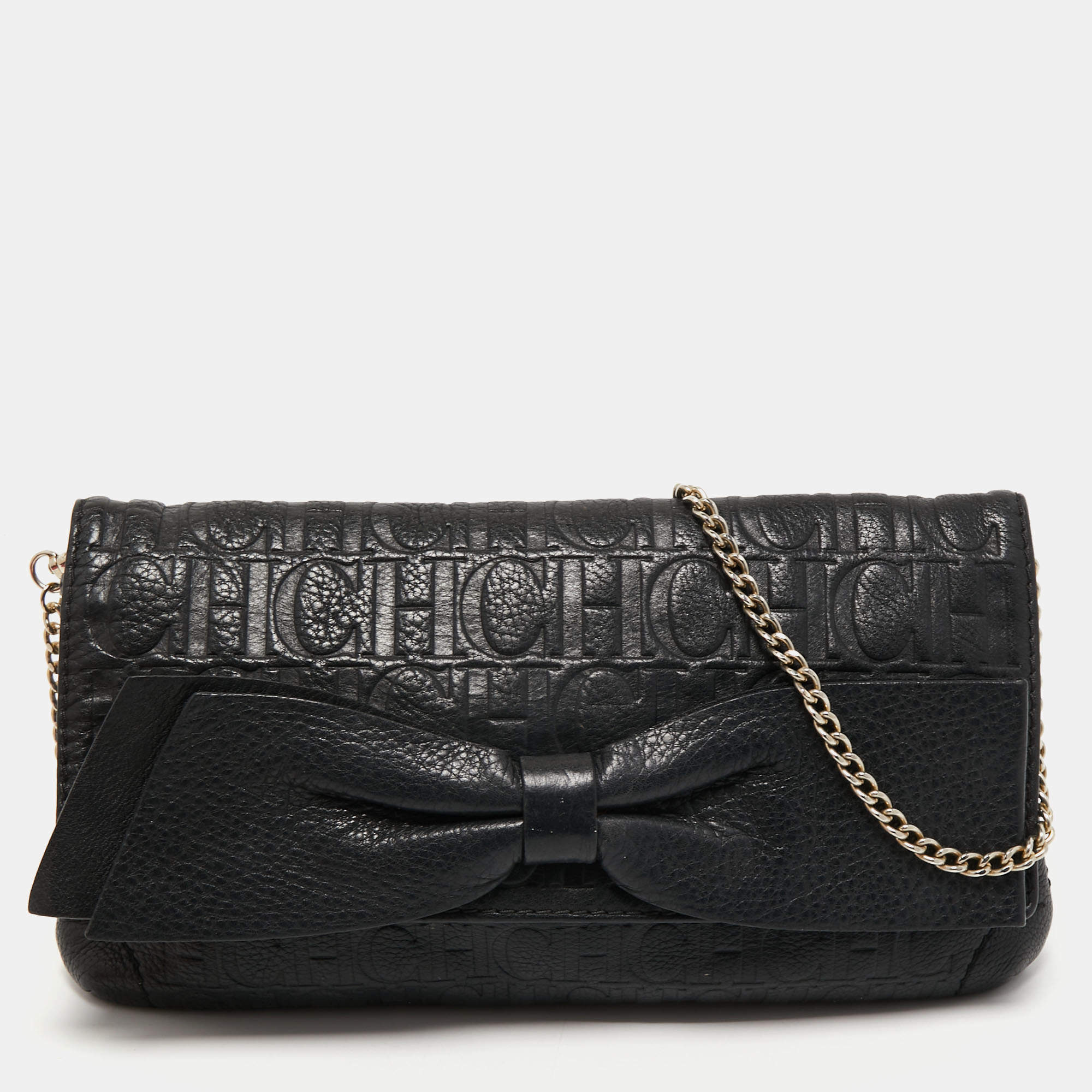 Pre Owned CH Carolina Herrera Black Monogram Embossed Leather Bow Chain Clutch